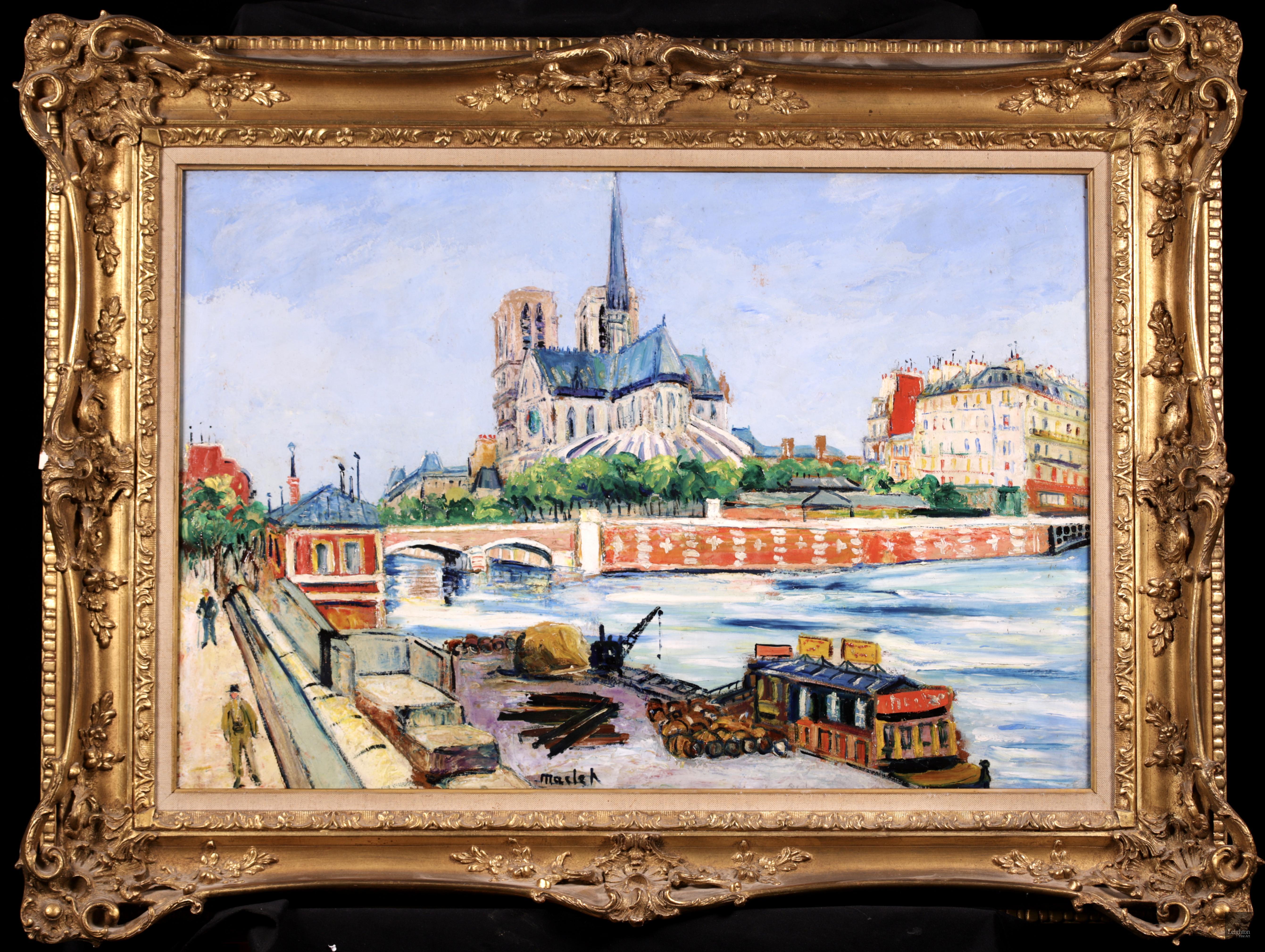 Figurative Painting Elisée Maclet - Notre Dame - Ile de la Cite - Huile post-impressionniste, paysage fluvial - Elisee Maclet