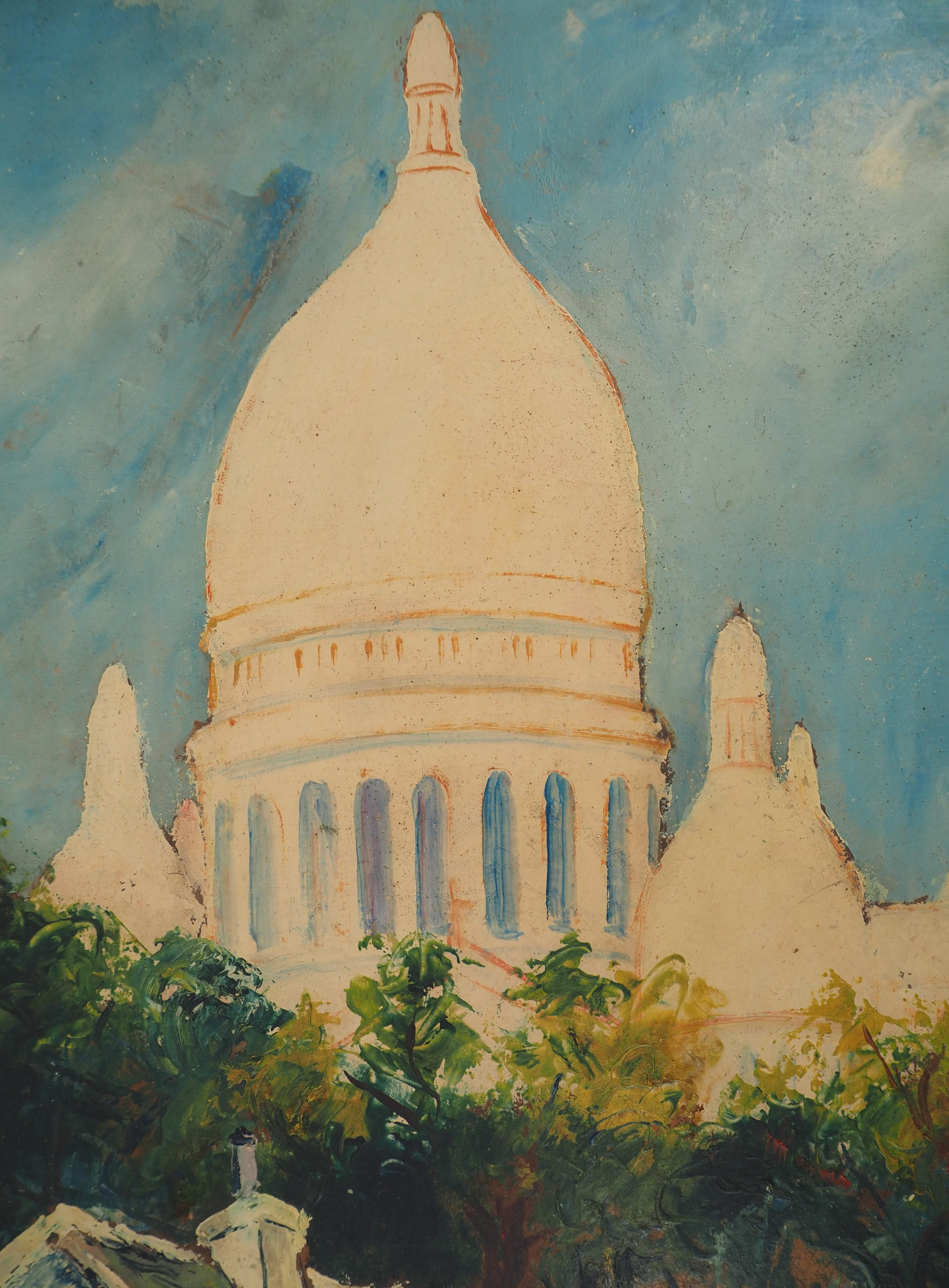 Paris, Montmartre : Sacre Coeur Church and Small House - Oil Painting - Signed 1