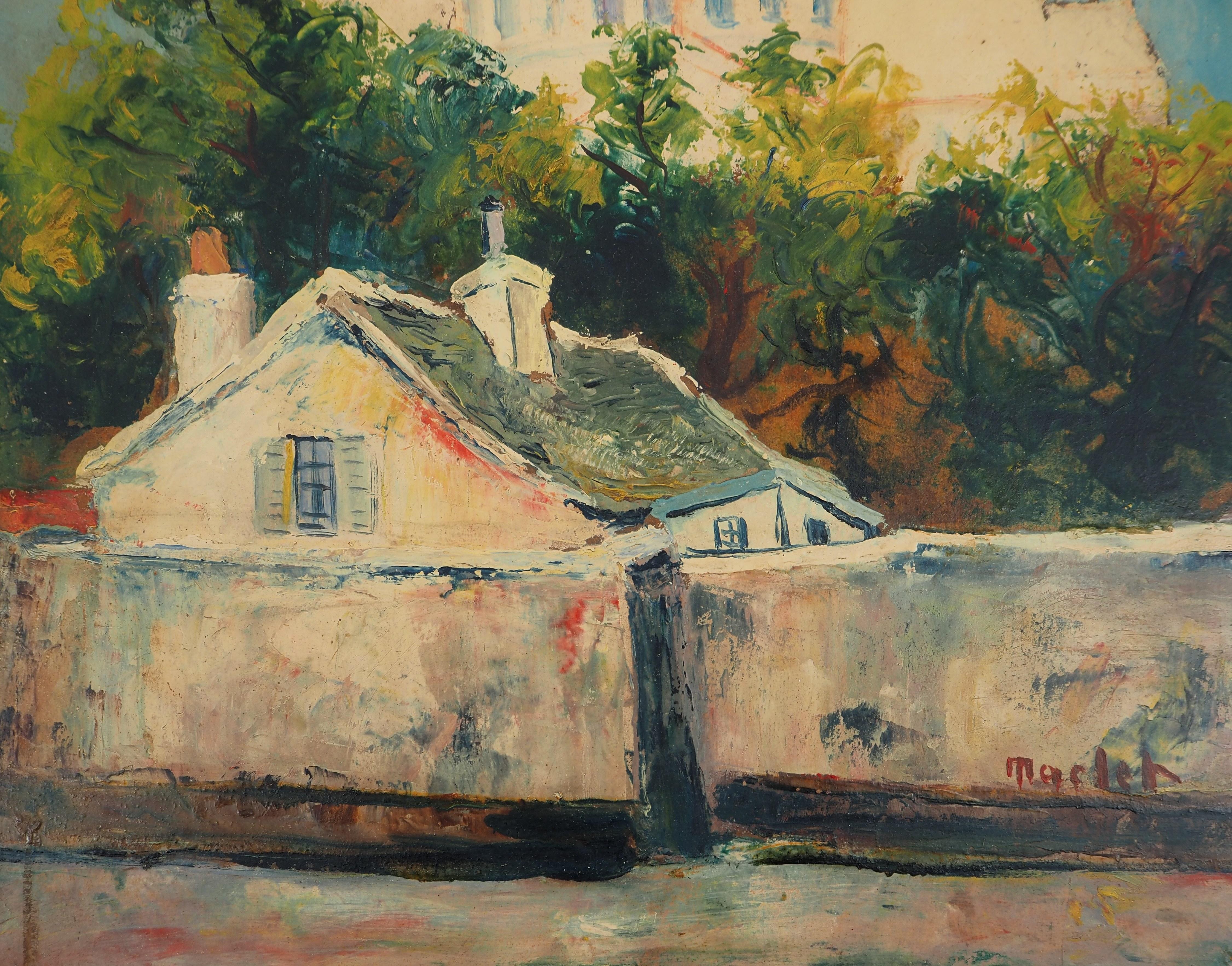 Paris, Montmartre : Sacre Coeur Church and Small House - Oil Painting - Signed 2