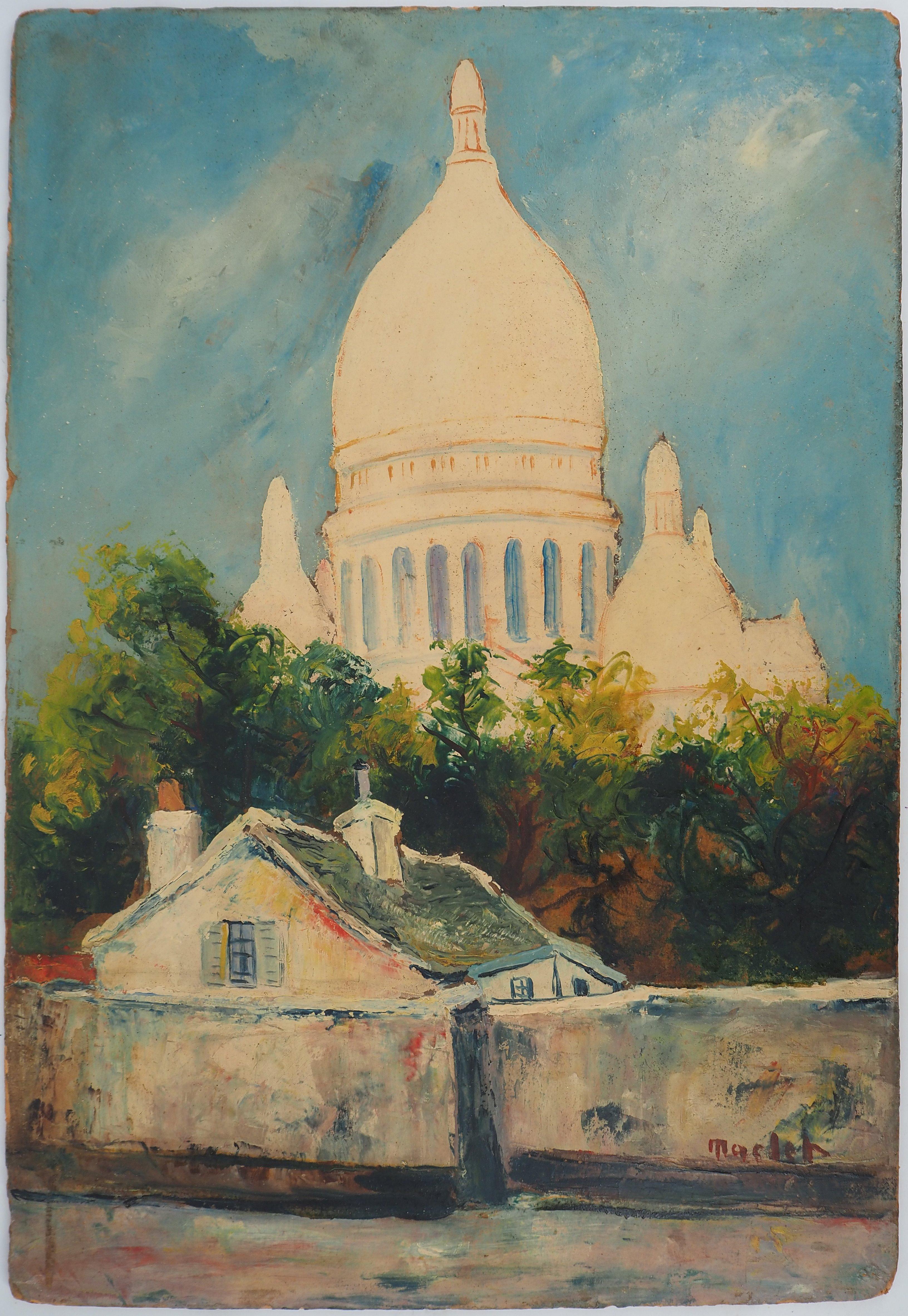 Elisée Maclet Landscape Painting - Paris, Montmartre : Sacre Coeur Church and Small House - Oil Painting - Signed
