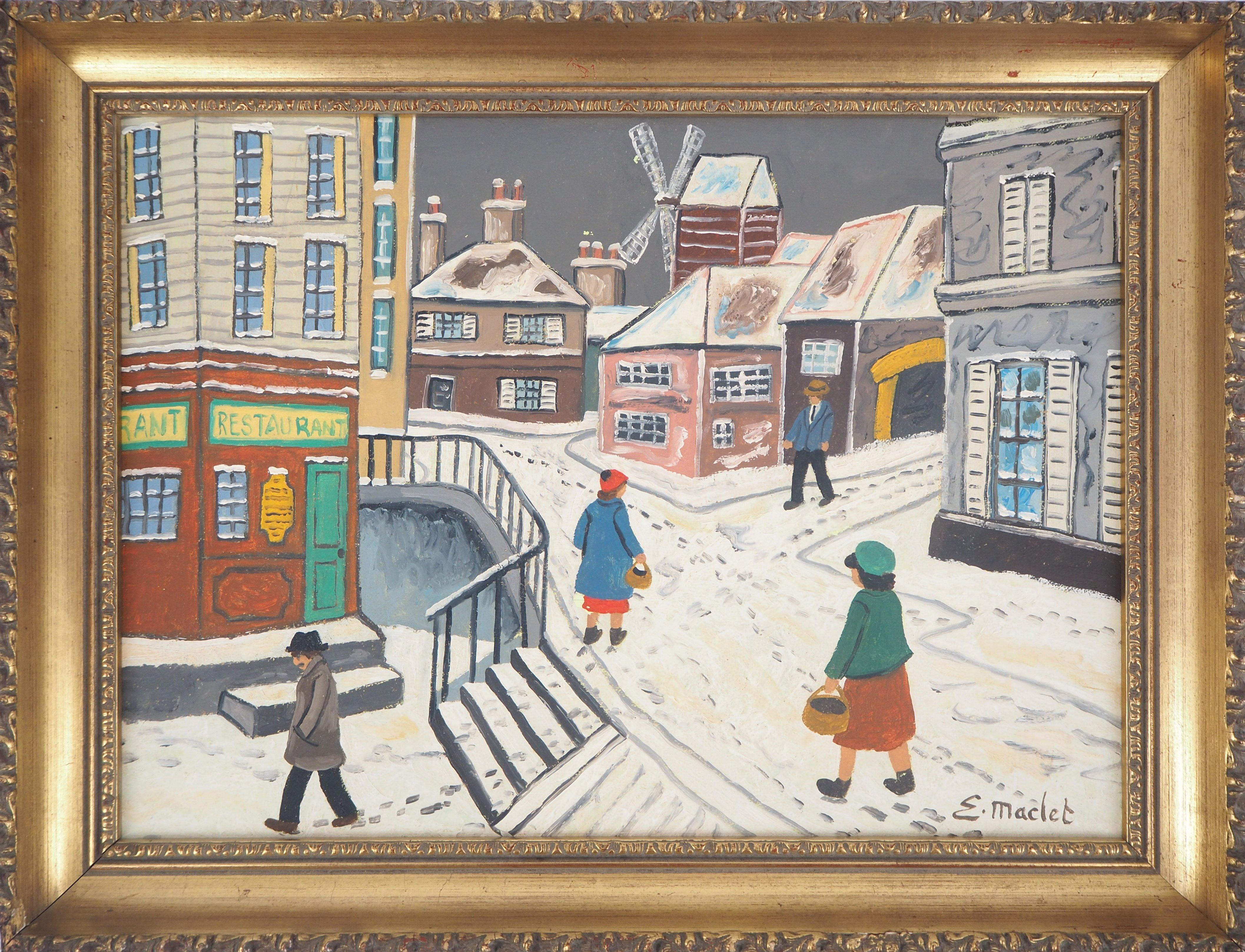 Elisée Maclet Landscape Painting - Paris, Montmartre under the snow - Original Oil on Canvas, Handsigned