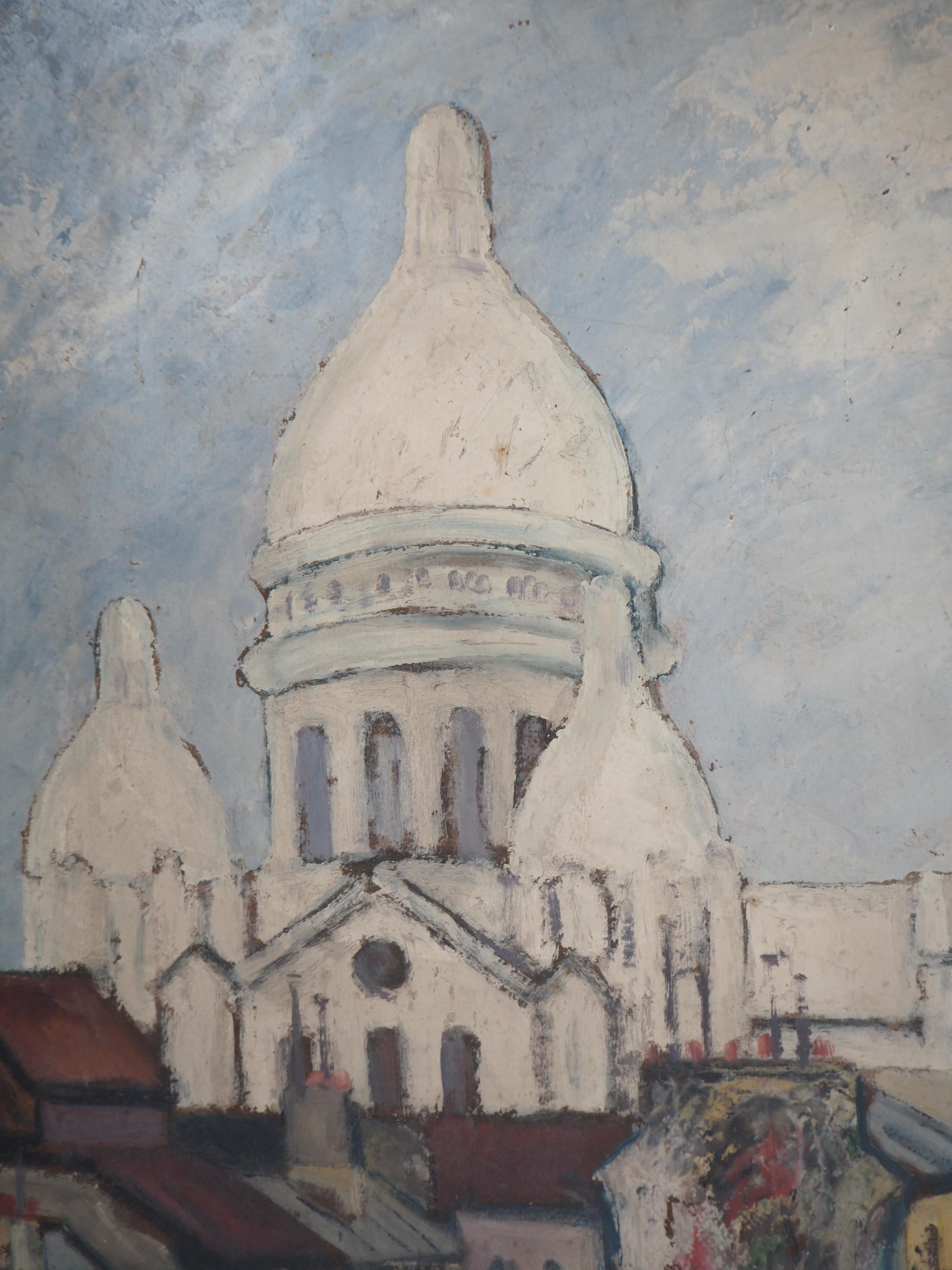 Paris : Sacre Coeur Church and Montmartre - Huile sur panneau d'origine, signée - Post-impressionnisme Painting par Elisée Maclet