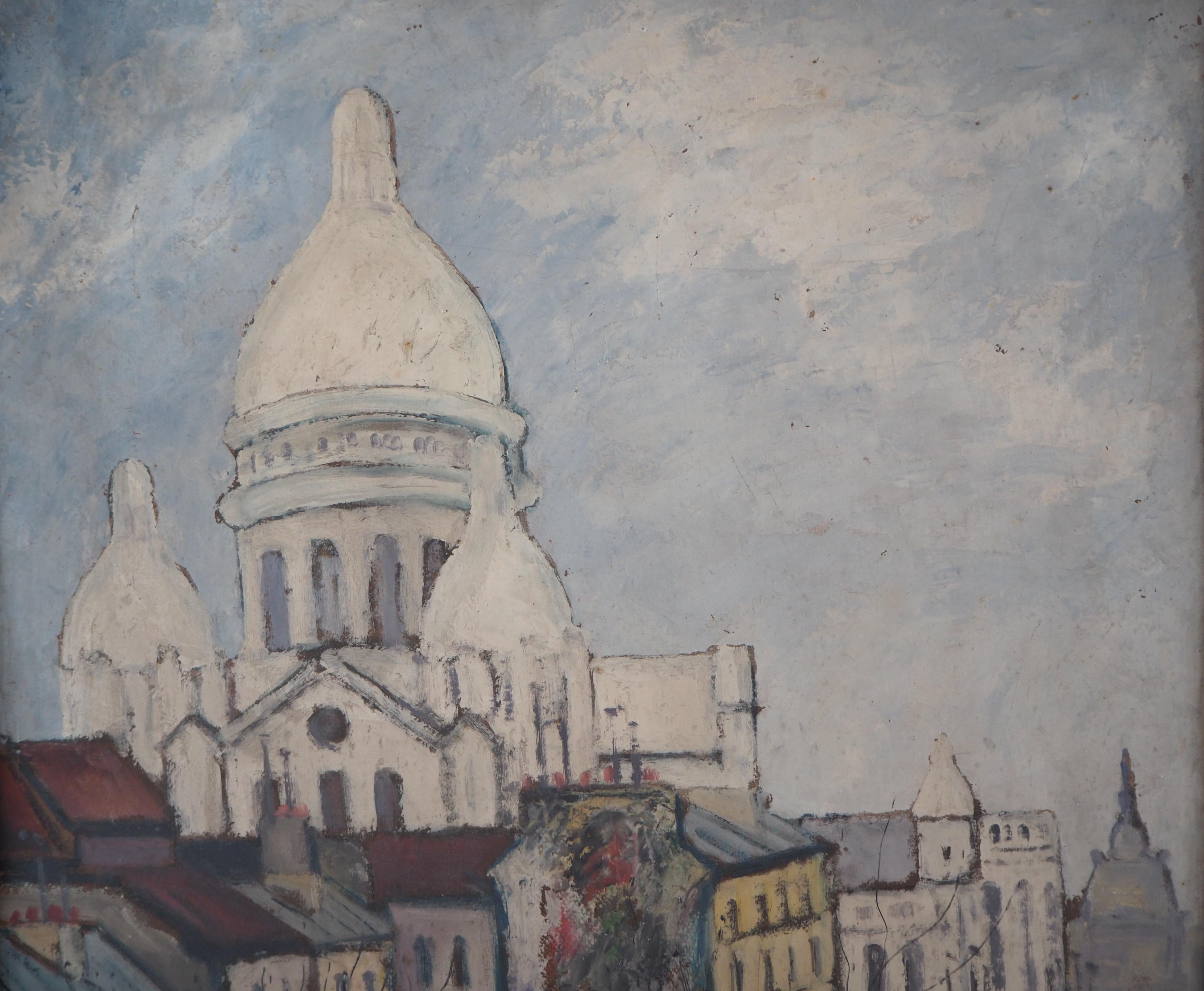 Paris : Sacre Coeur Church and Montmartre - Huile sur panneau d'origine, signée - Marron Landscape Painting par Elisée Maclet