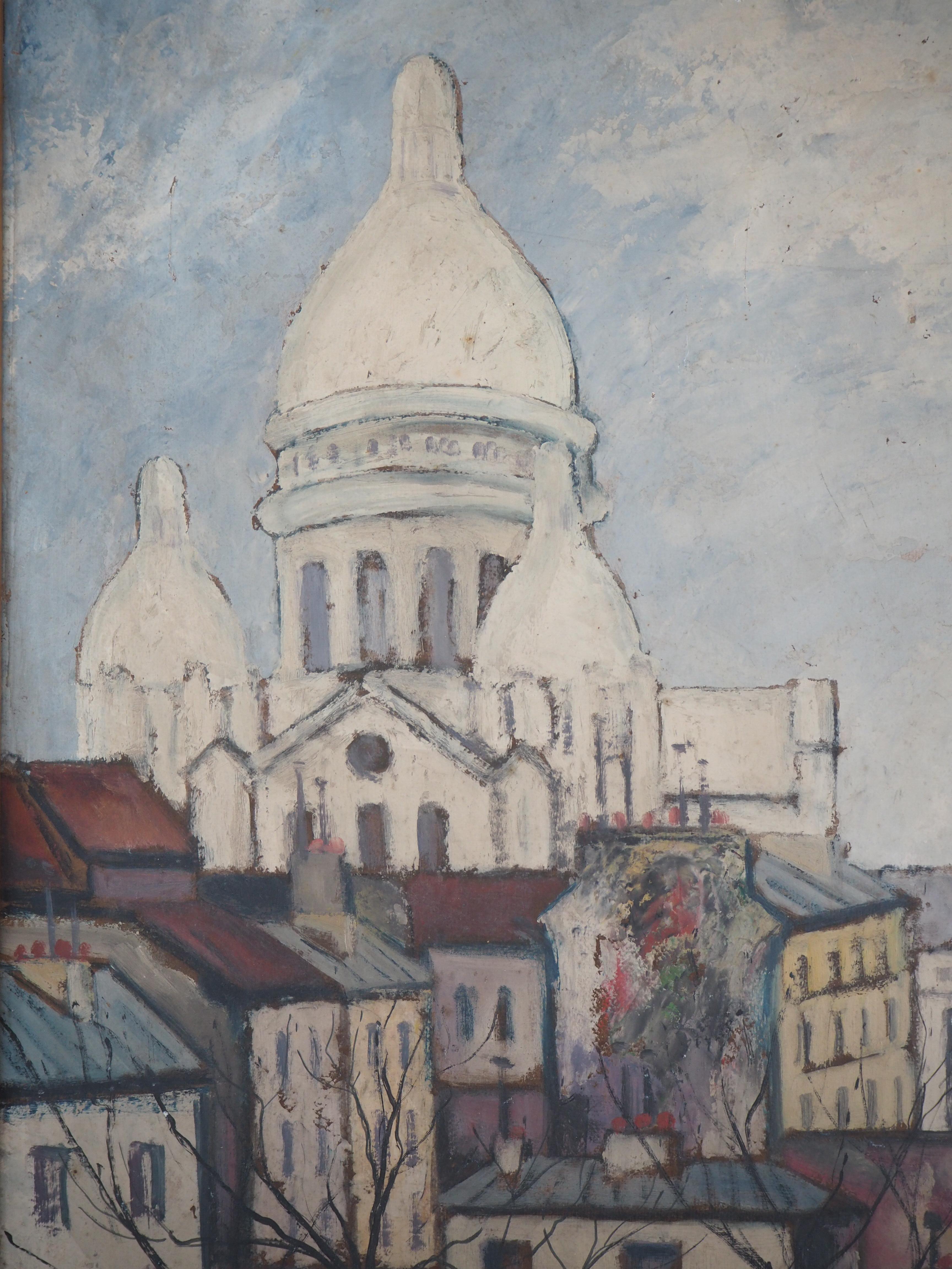 Paris : Sacre Coeur Church and Montmartre - Original oil on panel - Signed - Brown Landscape Painting by Elisée Maclet