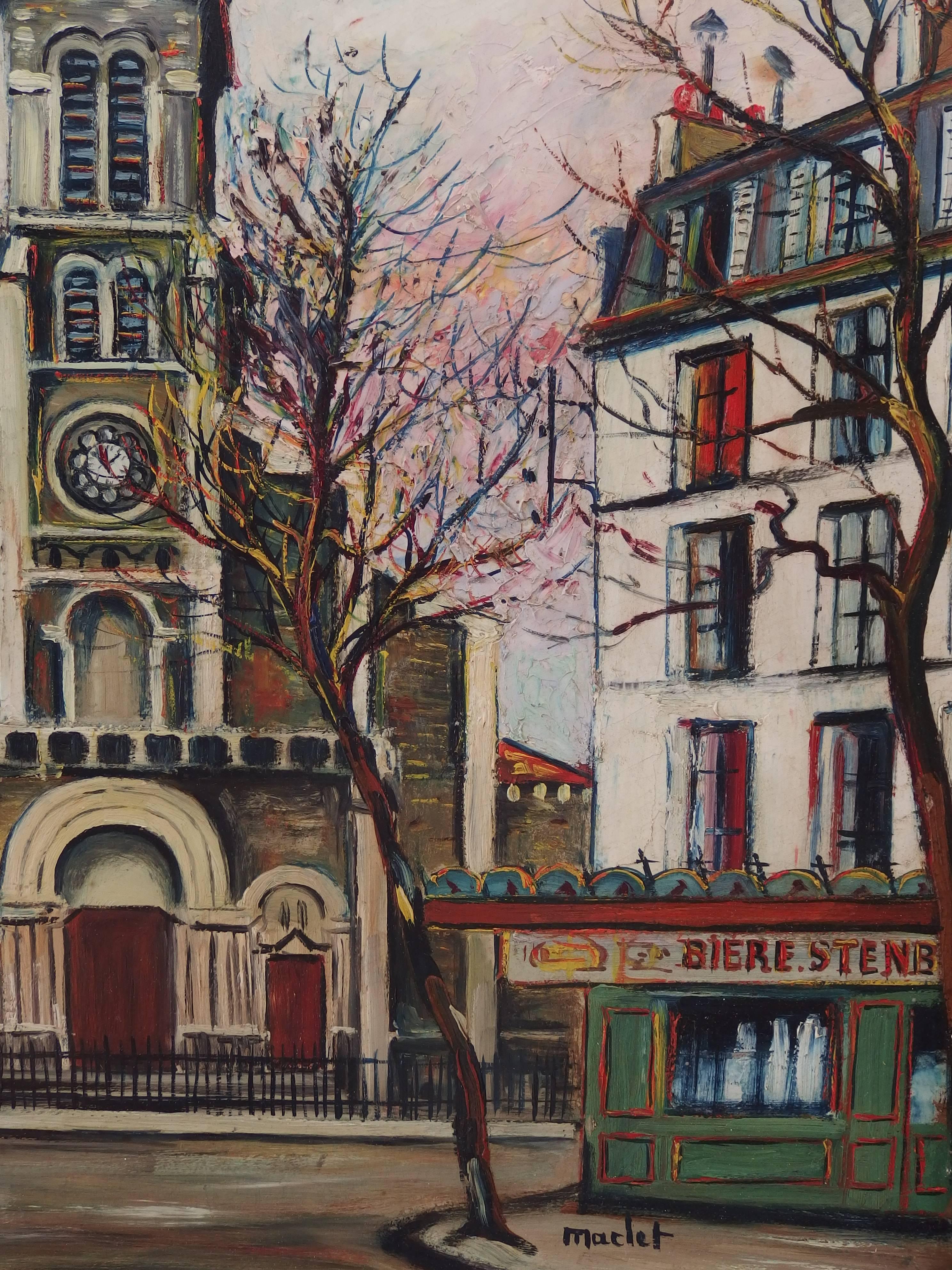 Paris : Saint Ouen Church - Original signed oil on Board - C. 1950 - Brown Landscape Painting by Elisée Maclet