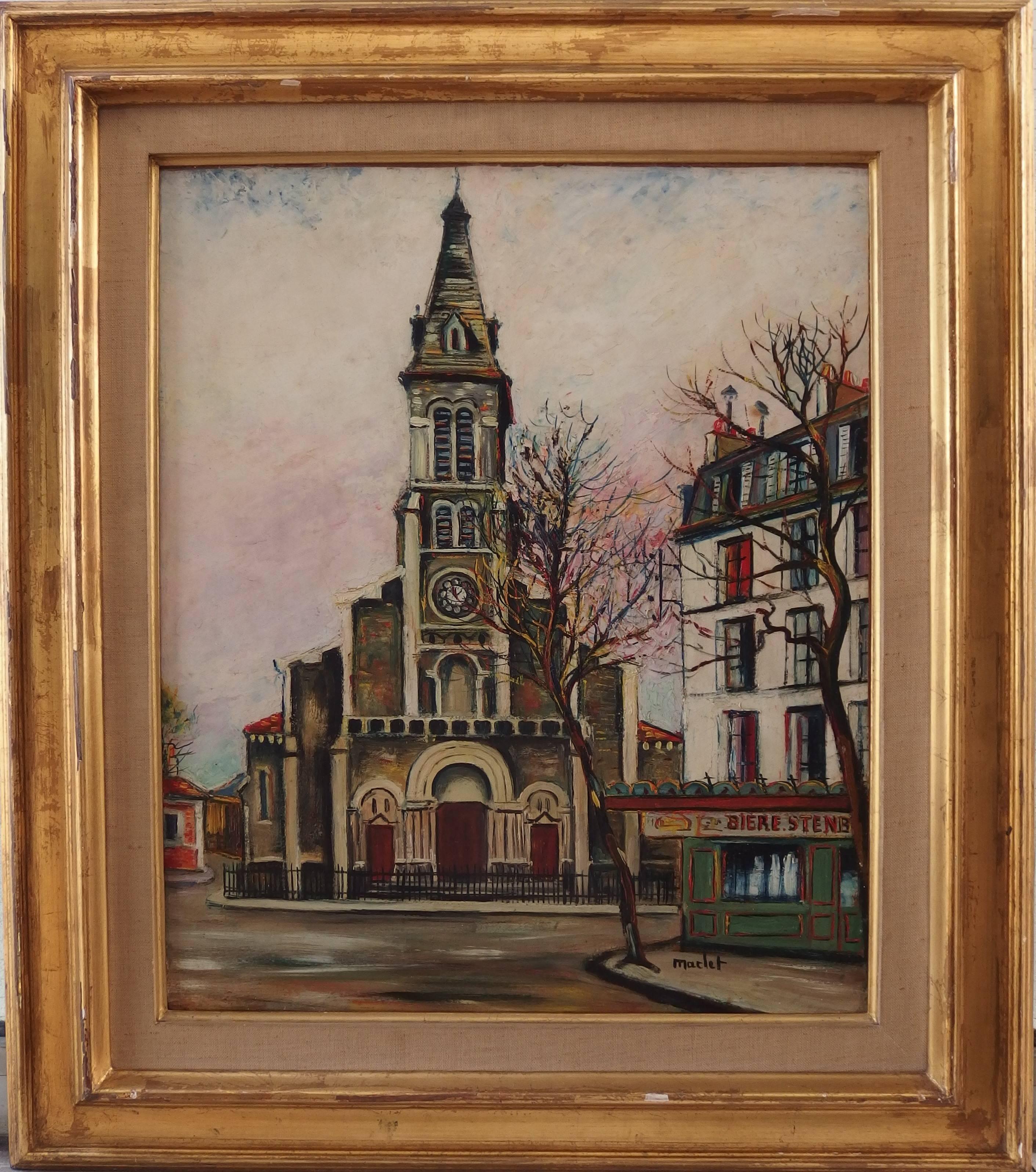Elisée Maclet Landscape Painting - Paris : Saint Ouen Church - Original signed oil on Board - C. 1950