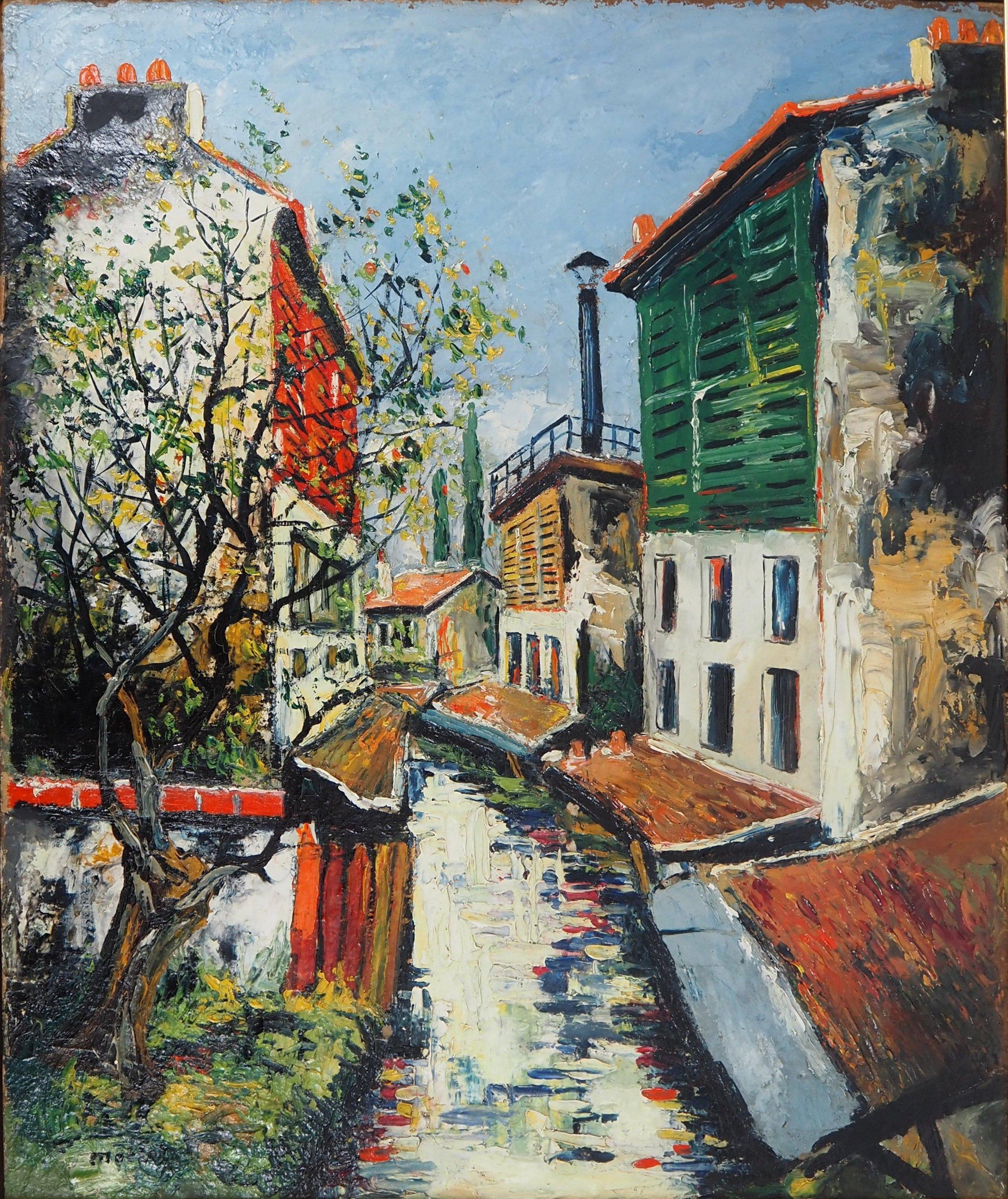 Paris: Kleine Häuser in der Nähe des Flusses Bievre – Original Ölgemälde auf Tafel – signiert – Painting von Elisée Maclet