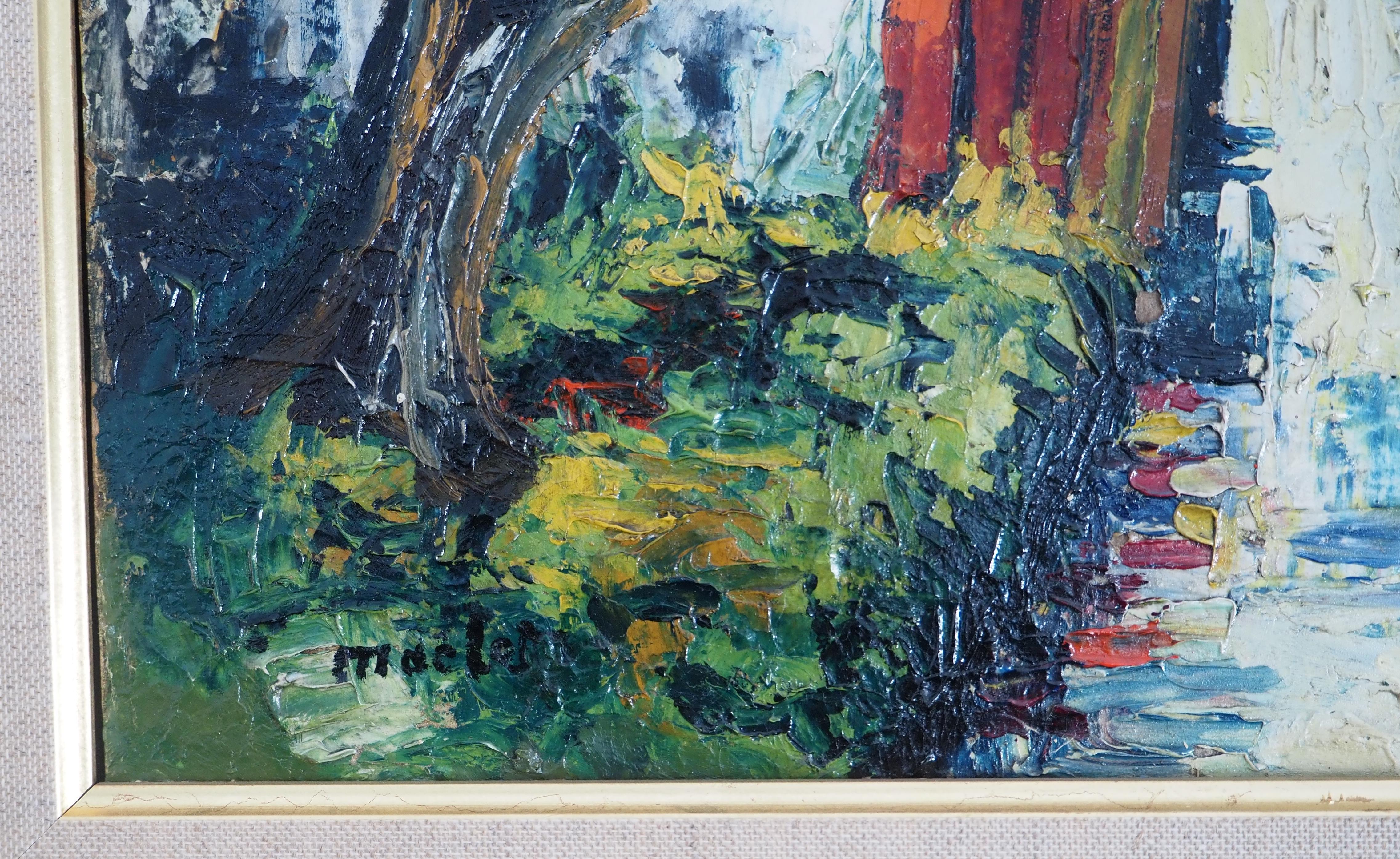 Paris: Kleine Häuser in der Nähe des Flusses Bievre – Original Ölgemälde auf Tafel – signiert (Post-Impressionismus), Painting, von Elisée Maclet
