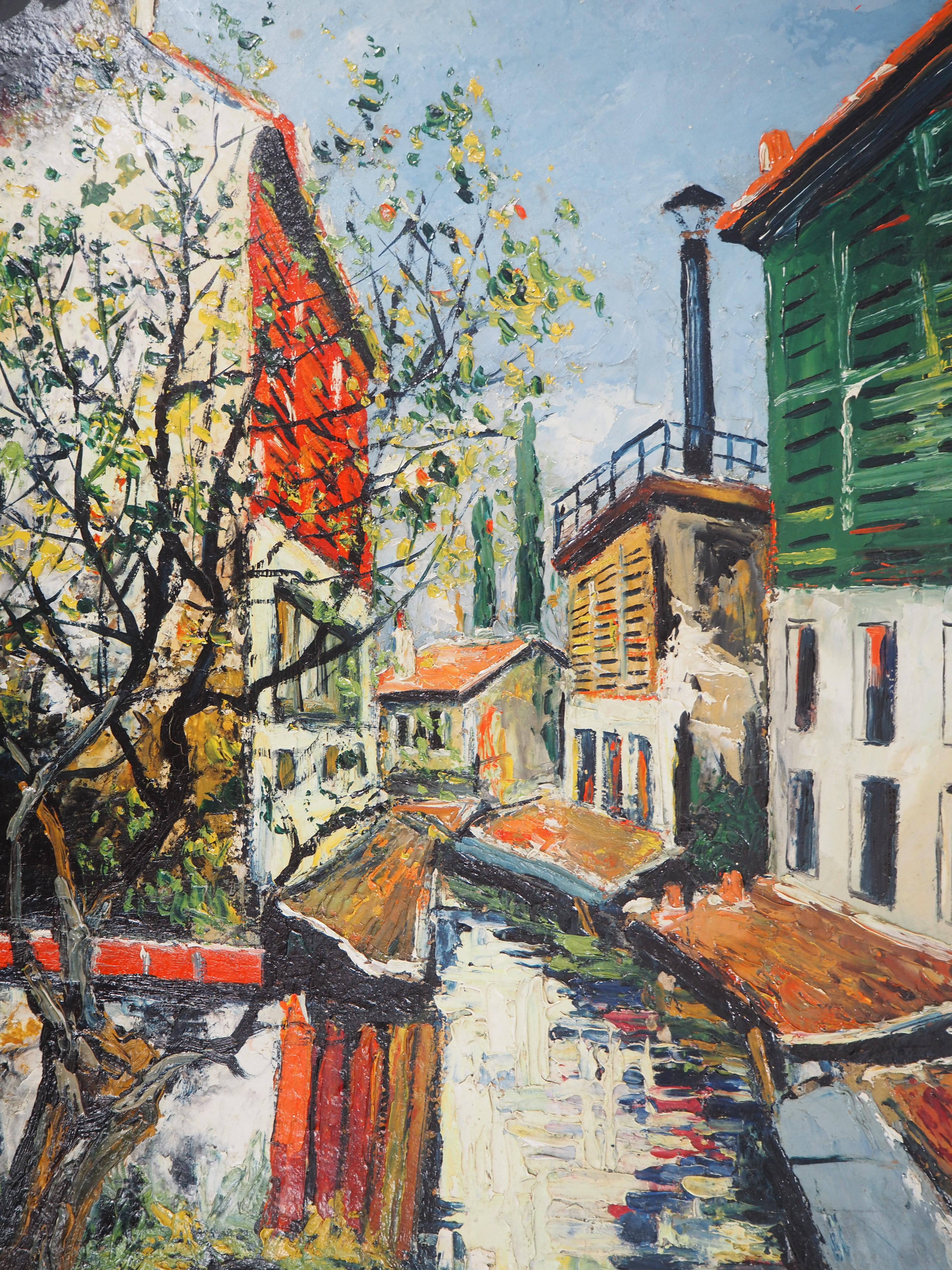 Paris: Kleine Häuser in der Nähe des Flusses Bievre – Original Ölgemälde auf Tafel – signiert (Braun), Landscape Painting, von Elisée Maclet
