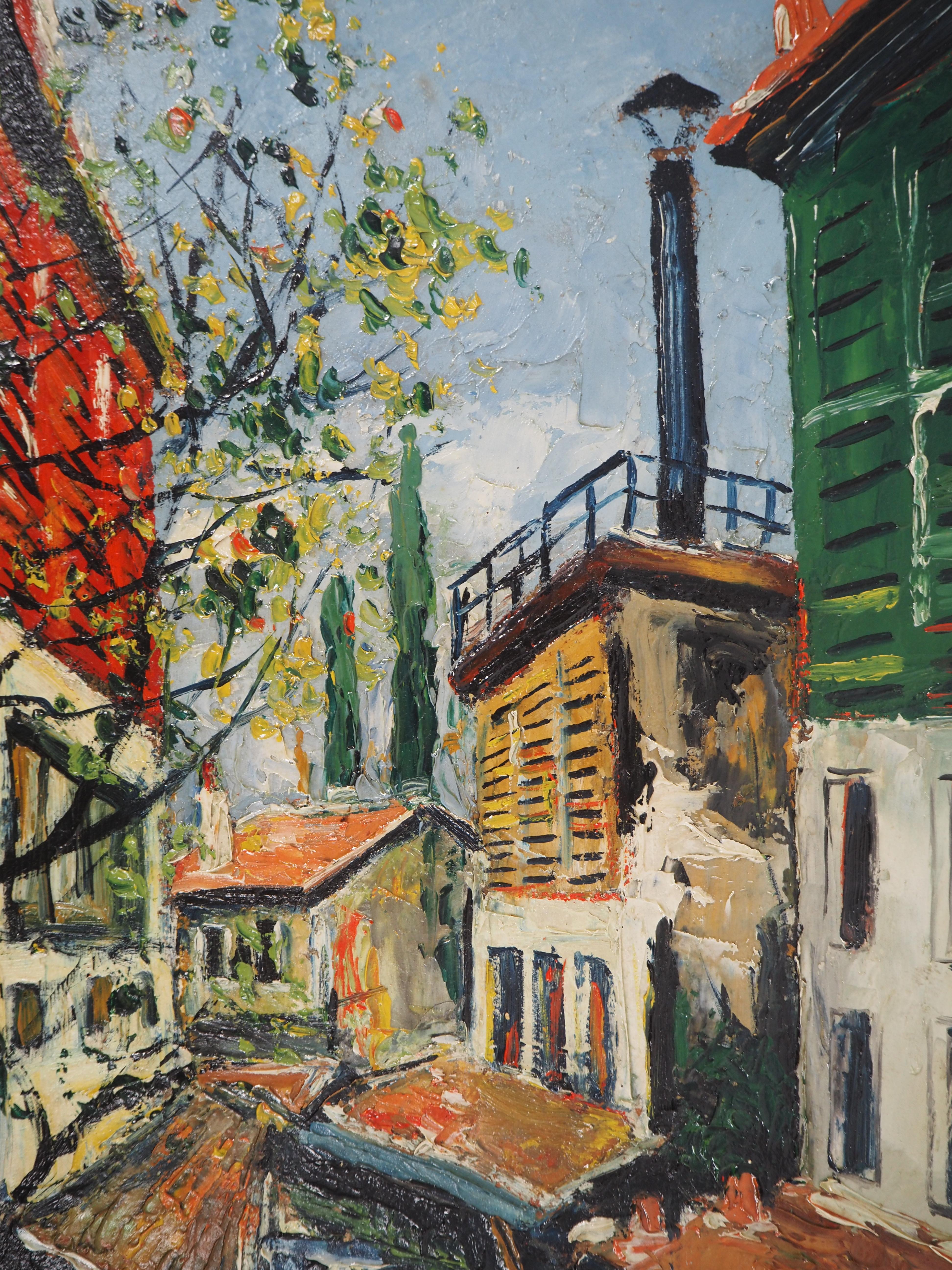 Paris : Small Houses Near Bievre River - Original oil on panel - Signed - Brown Landscape Painting by Elisée Maclet