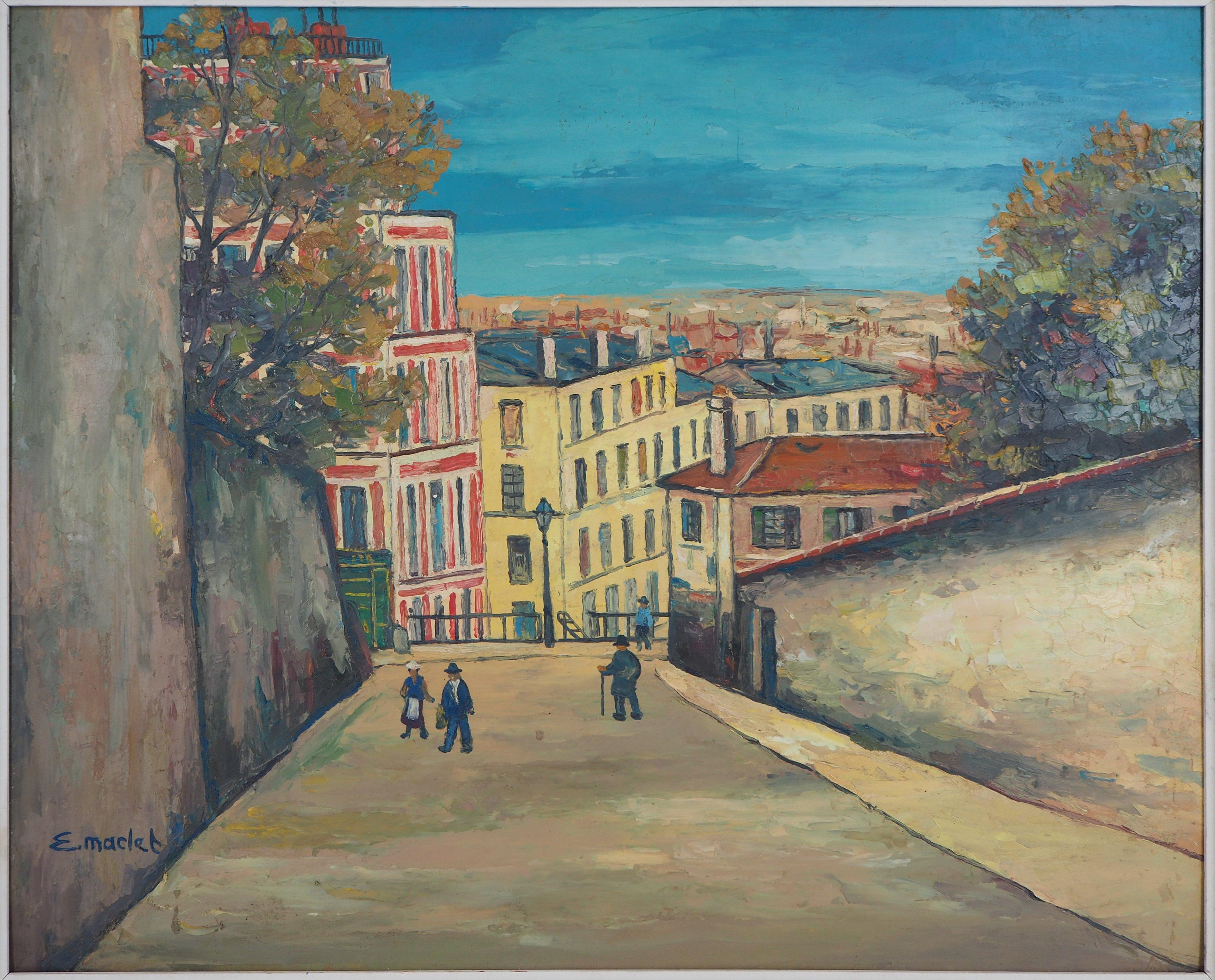 Paris : Street in Montmartre - Huile originale sur carton - Signé - Painting de Elisée Maclet