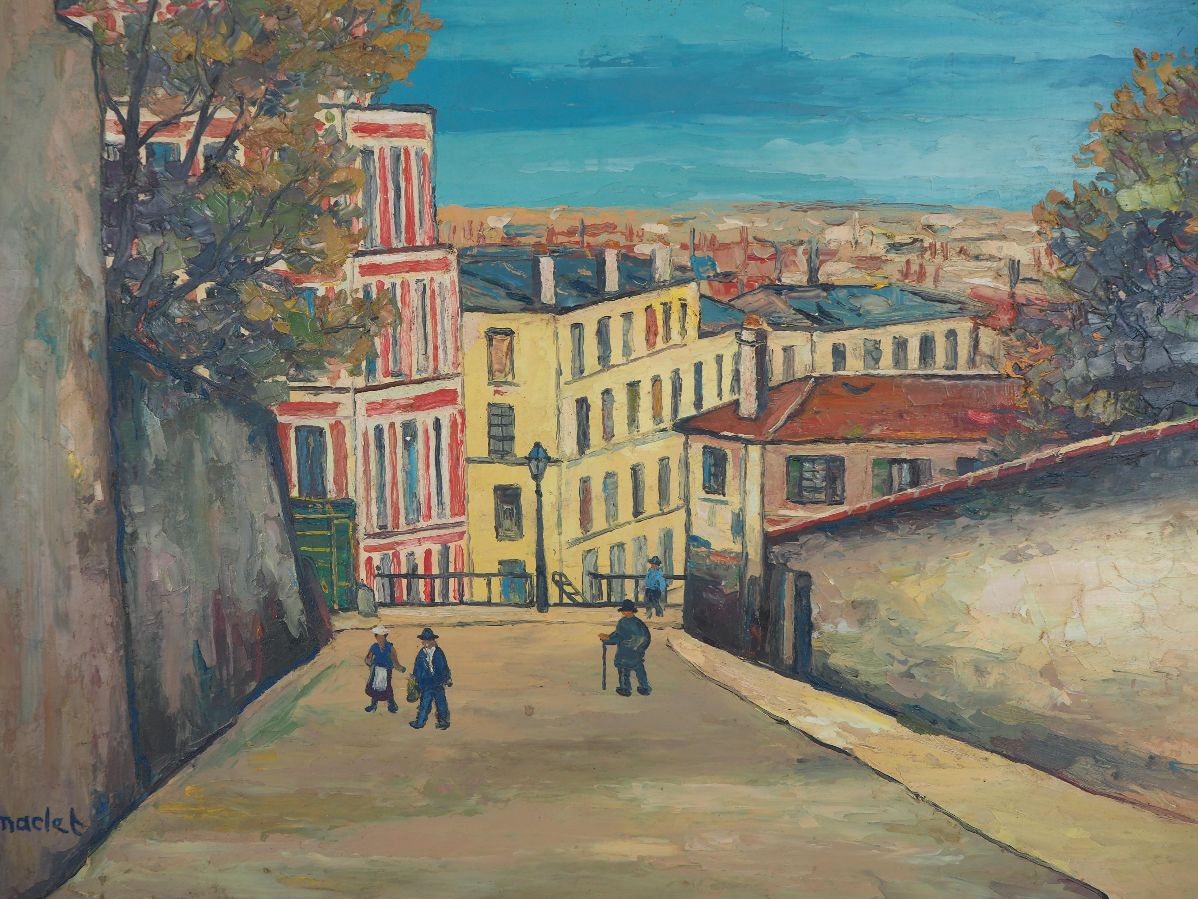Paris : Street in Montmartre - Huile originale sur carton - Signé - Post-impressionnisme Painting par Elisée Maclet