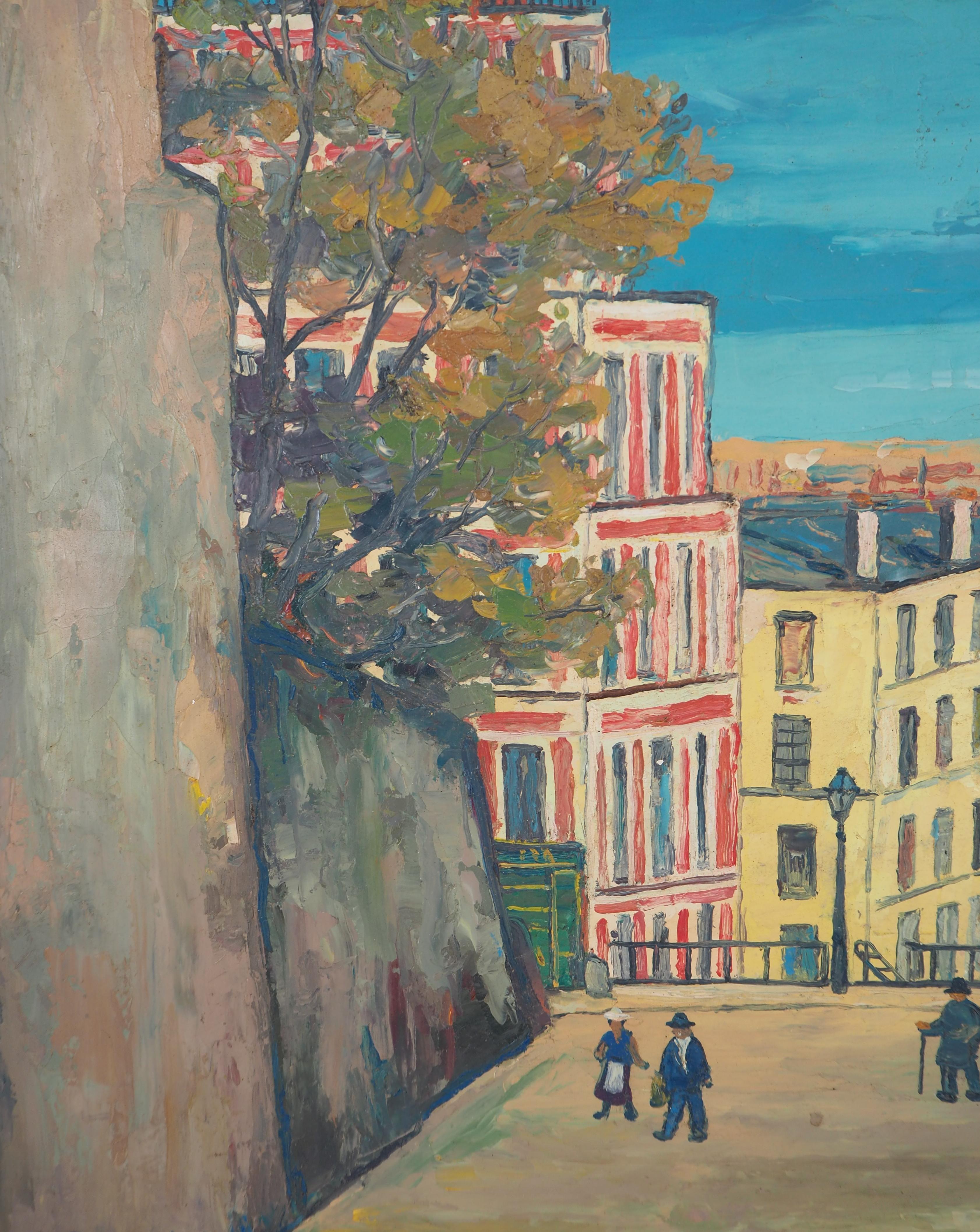 Paris : Street in Montmartre - Huile originale sur carton - Signé en vente 1