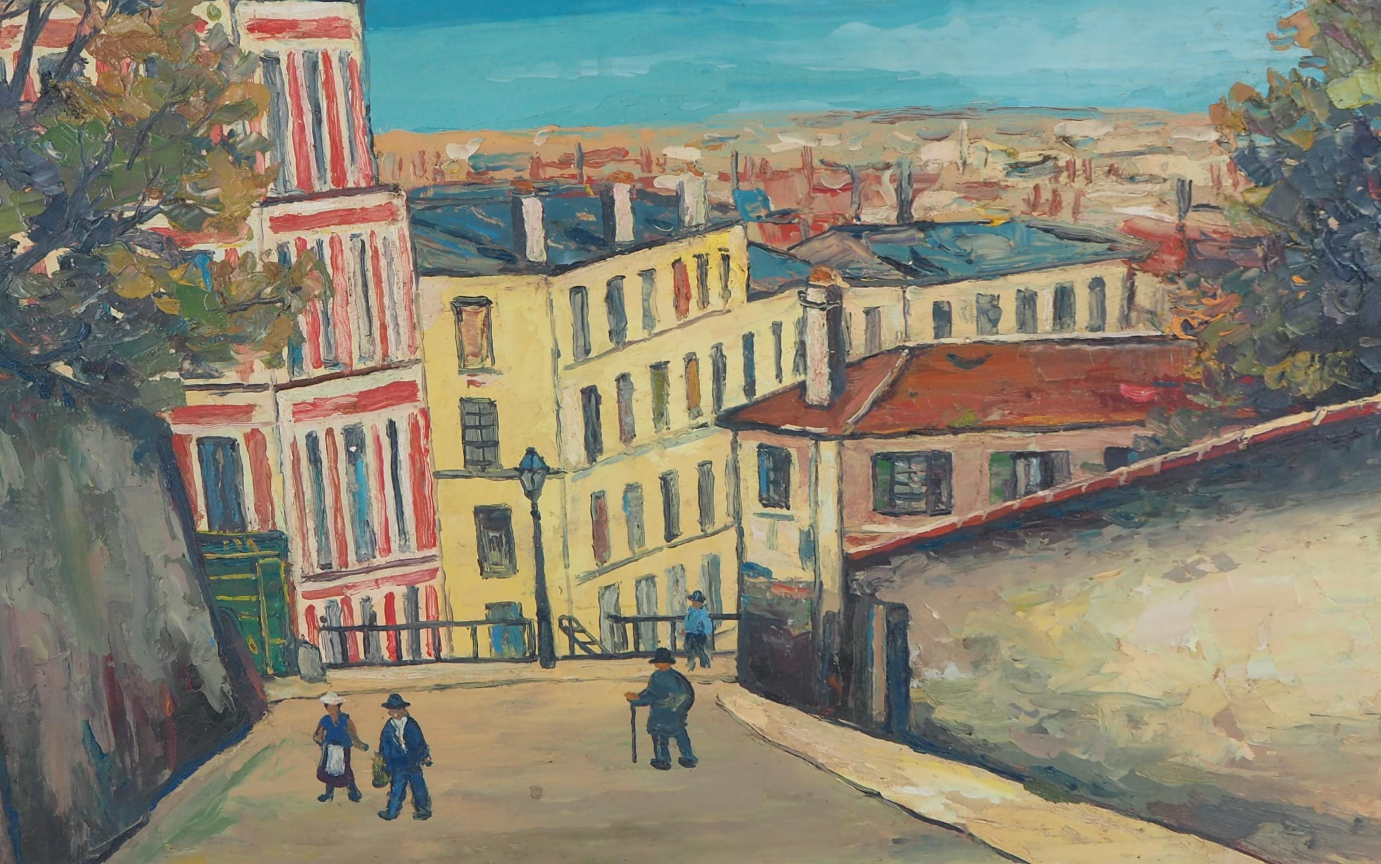 Paris : Street in Montmartre - Original oil on board - Signed For Sale 2