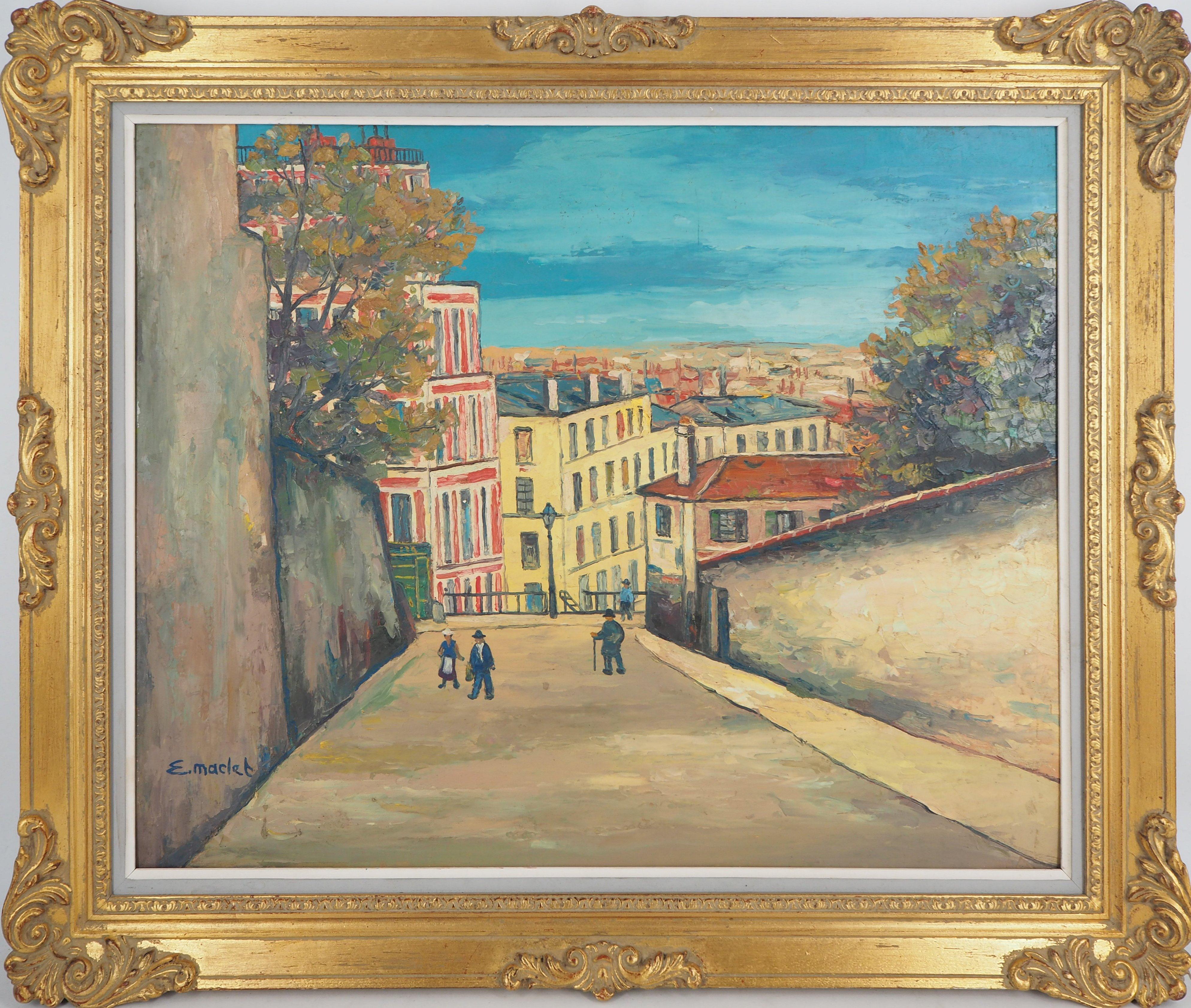 Landscape Painting Elisée Maclet - Paris : Street in Montmartre - Huile originale sur carton - Signé