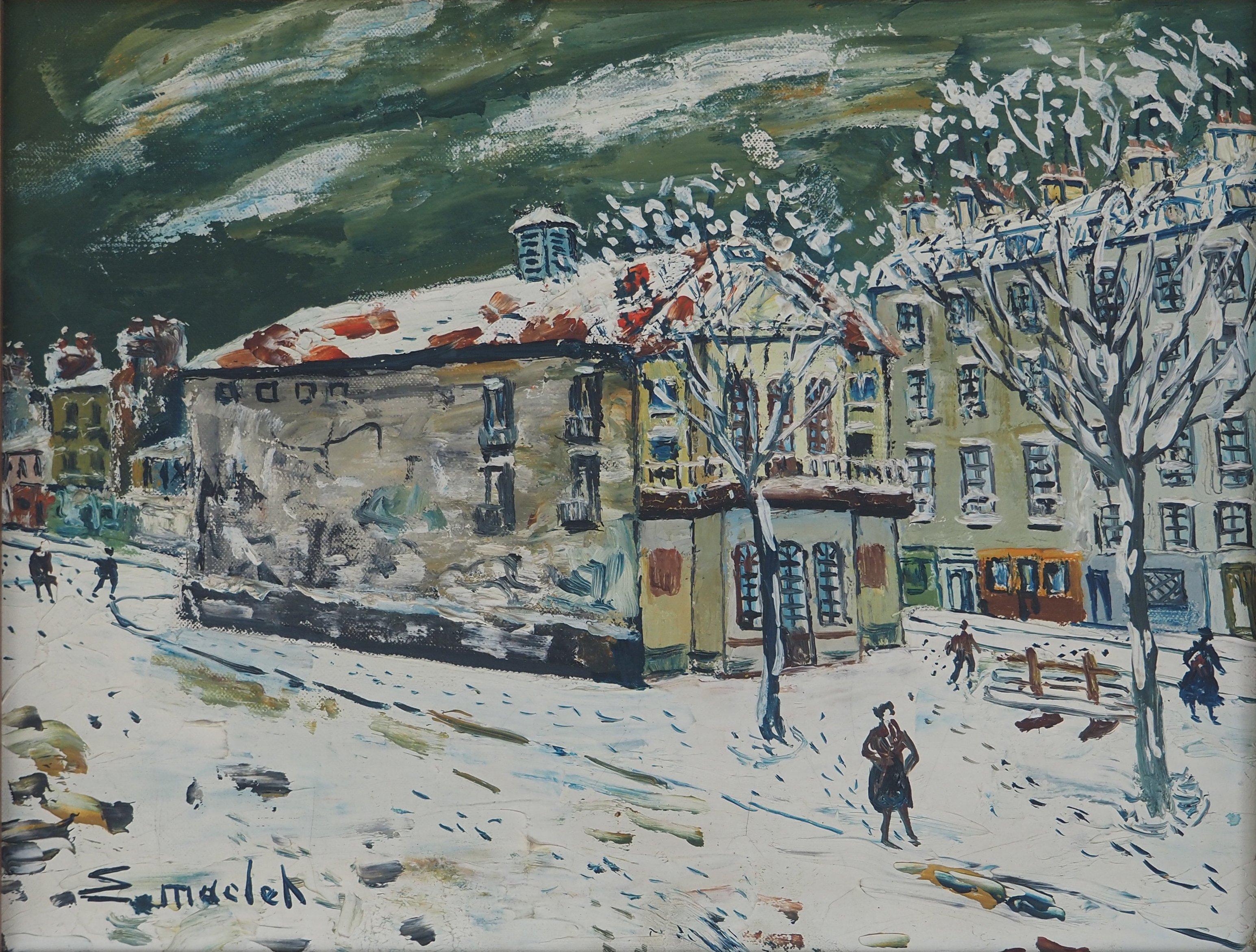 Paris, Winter in Montmartre, Theatre - Original oil on canvas - Signed - Painting by Elisée Maclet
