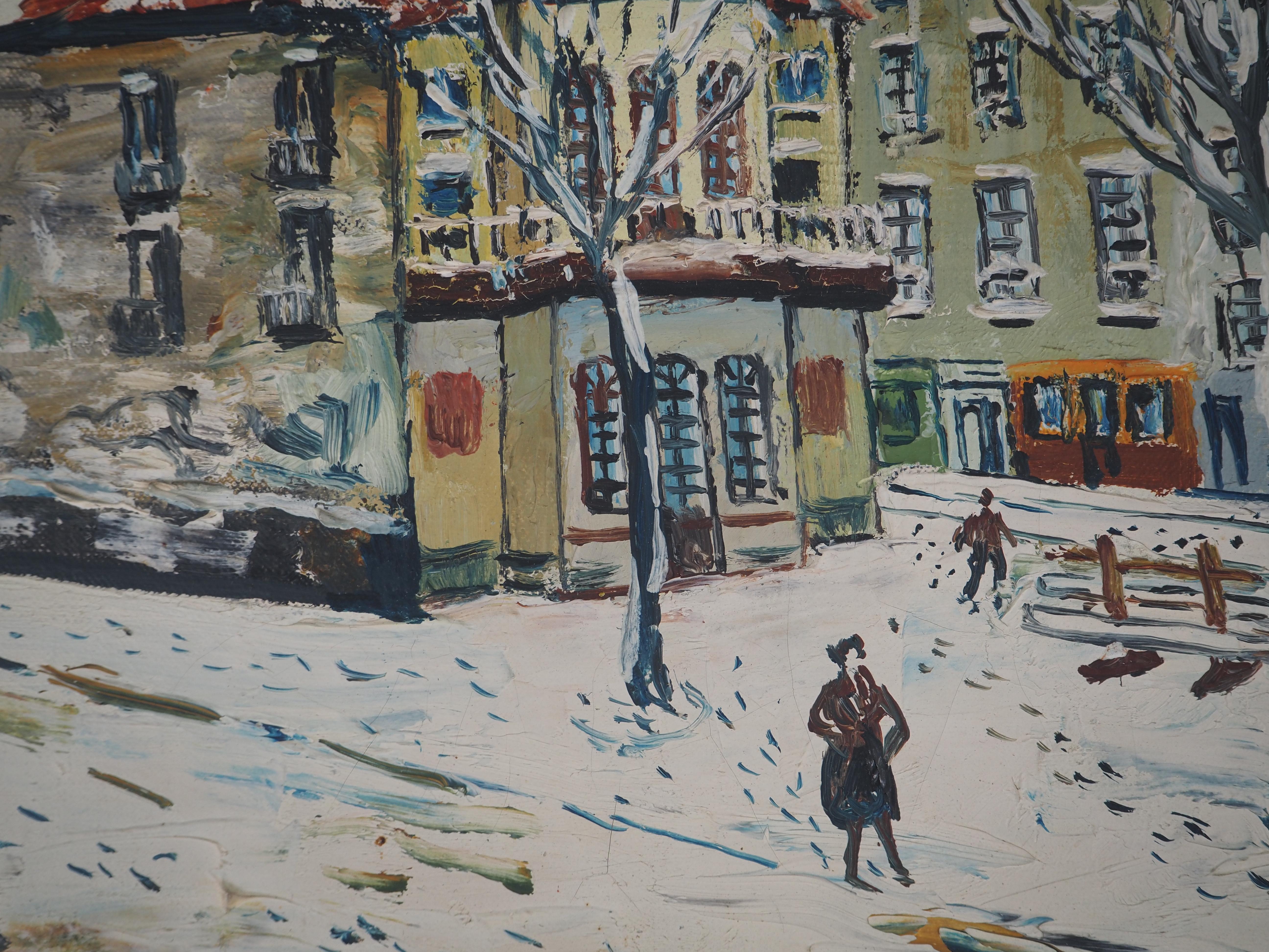 Paris, Hiver à Montmartre, Théâtre - Huile sur toile originale, signée - Marron Landscape Painting par Elisée Maclet