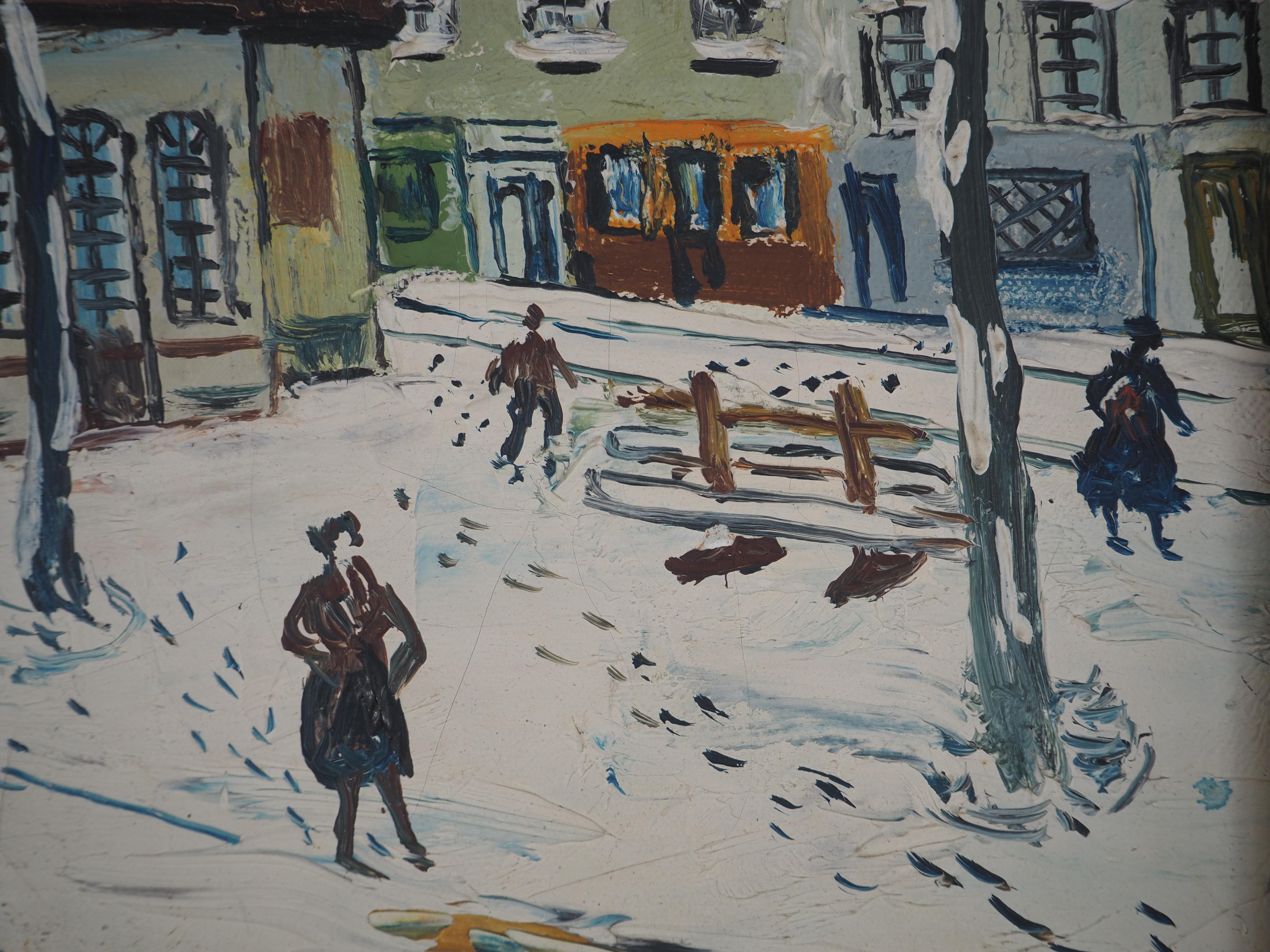 Paris, Winter in Montmartre, Theatre - Original oil on canvas - Signed - Post-Impressionist Painting by Elisée Maclet