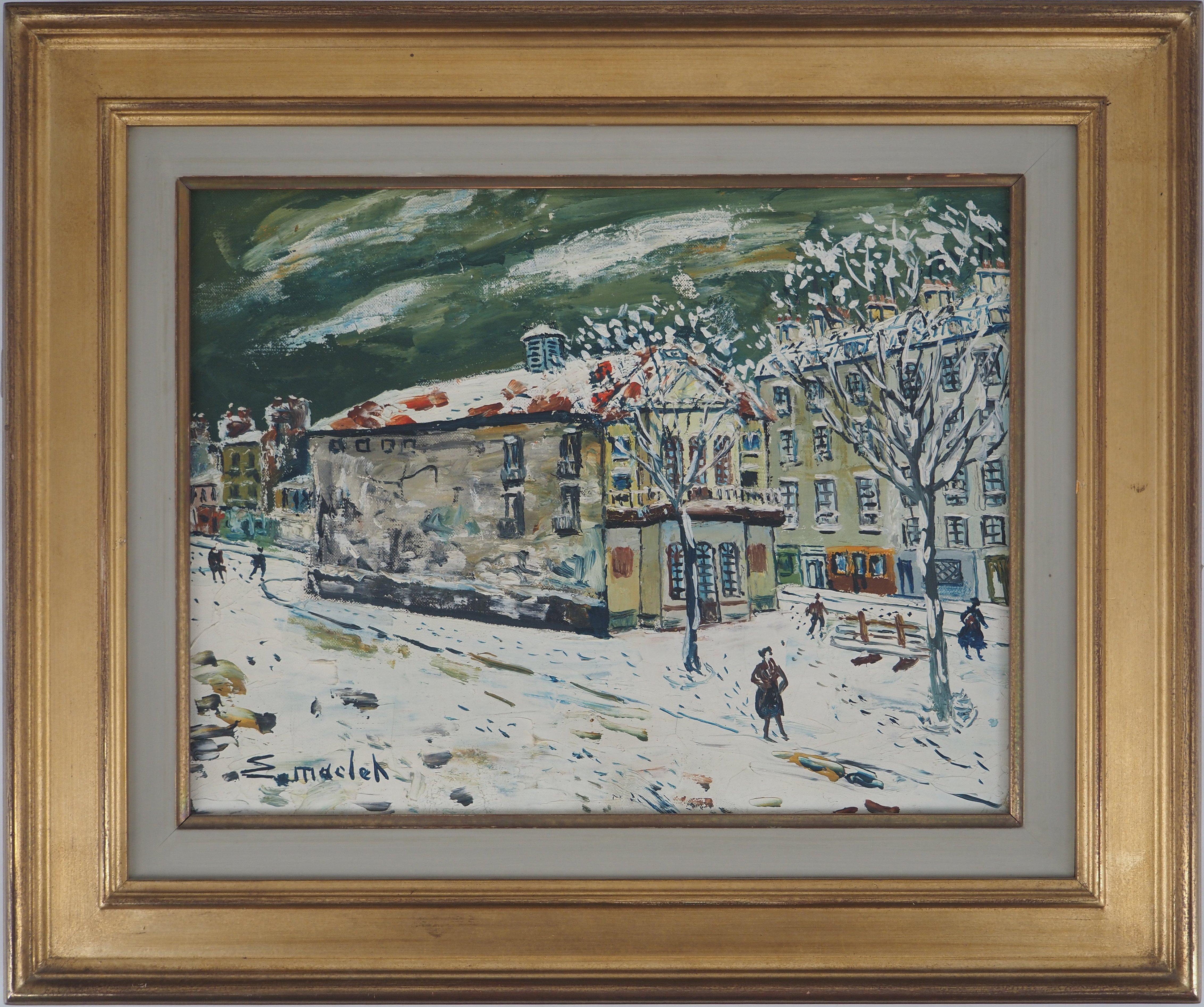 Elisée Maclet Landscape Painting - Paris, Winter in Montmartre, Theatre - Original oil on canvas - Signed