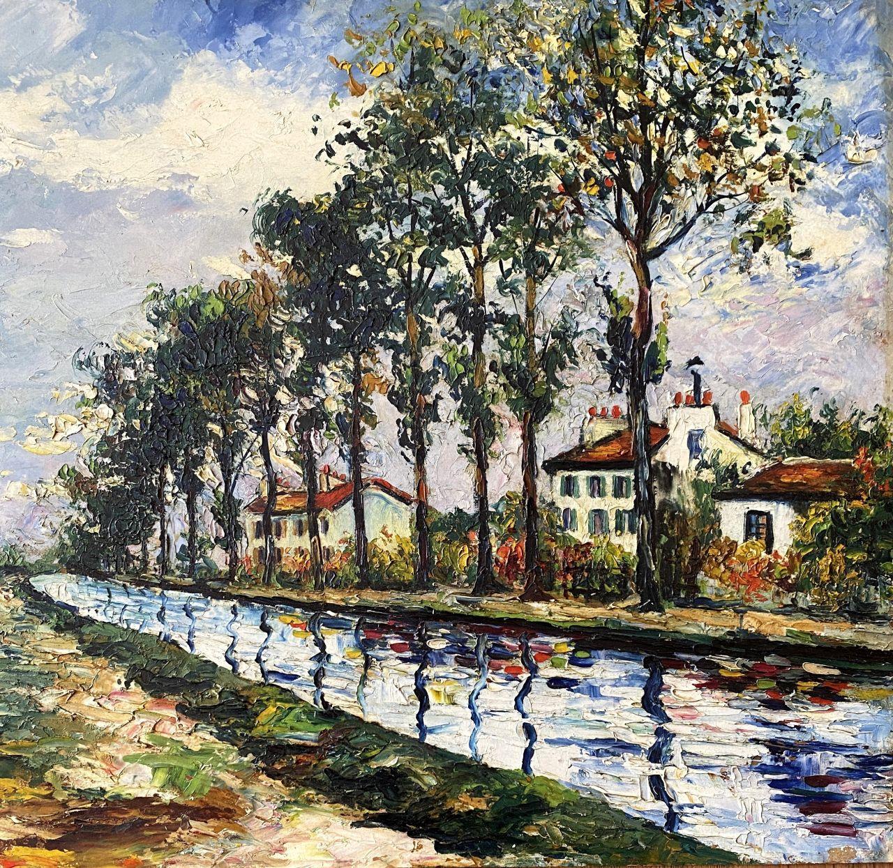 Elisée Maclet
Reflections in the canal

Oil on panel, c. 1920
Hand signed at bottom left
On panel size 46 x 55 cm (c. 18 x 21.5 in)
Very good condition