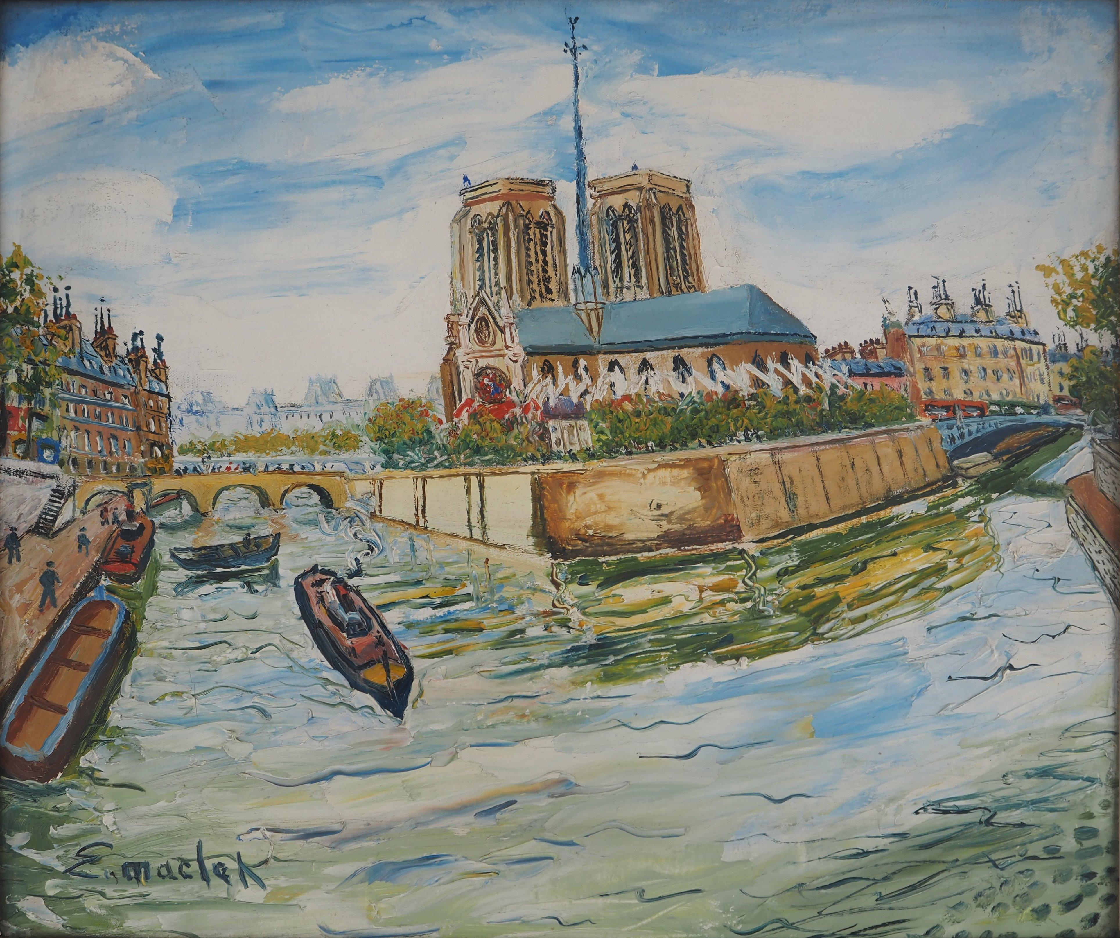 Summer in Paris : Notre Dame Church and Seine River - Huile sur toile - Signé - Painting de Elisée Maclet