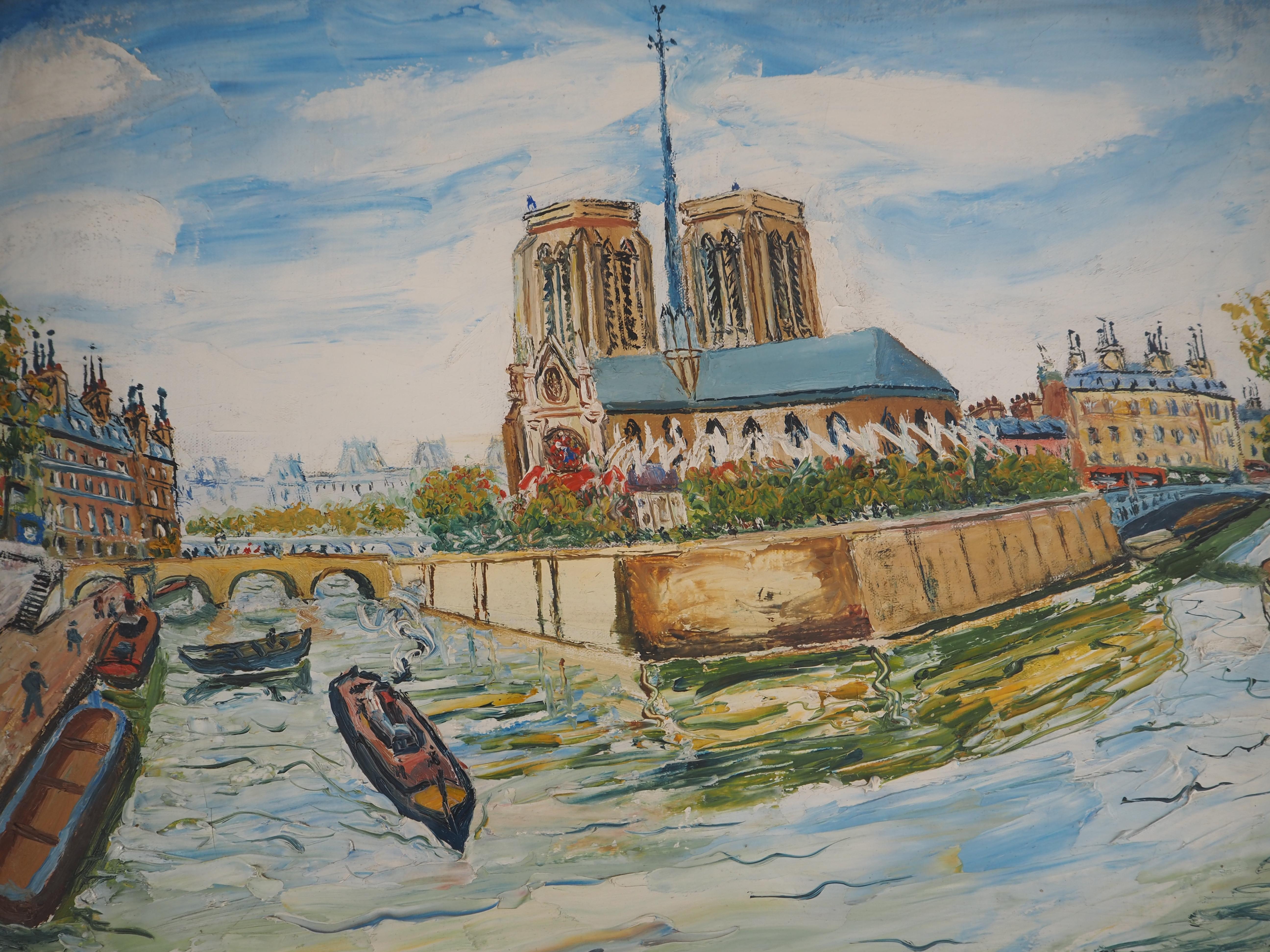 Summer in Paris : Notre Dame Church and Seine River - Oil on canvas - Signed - Post-Impressionist Painting by Elisée Maclet