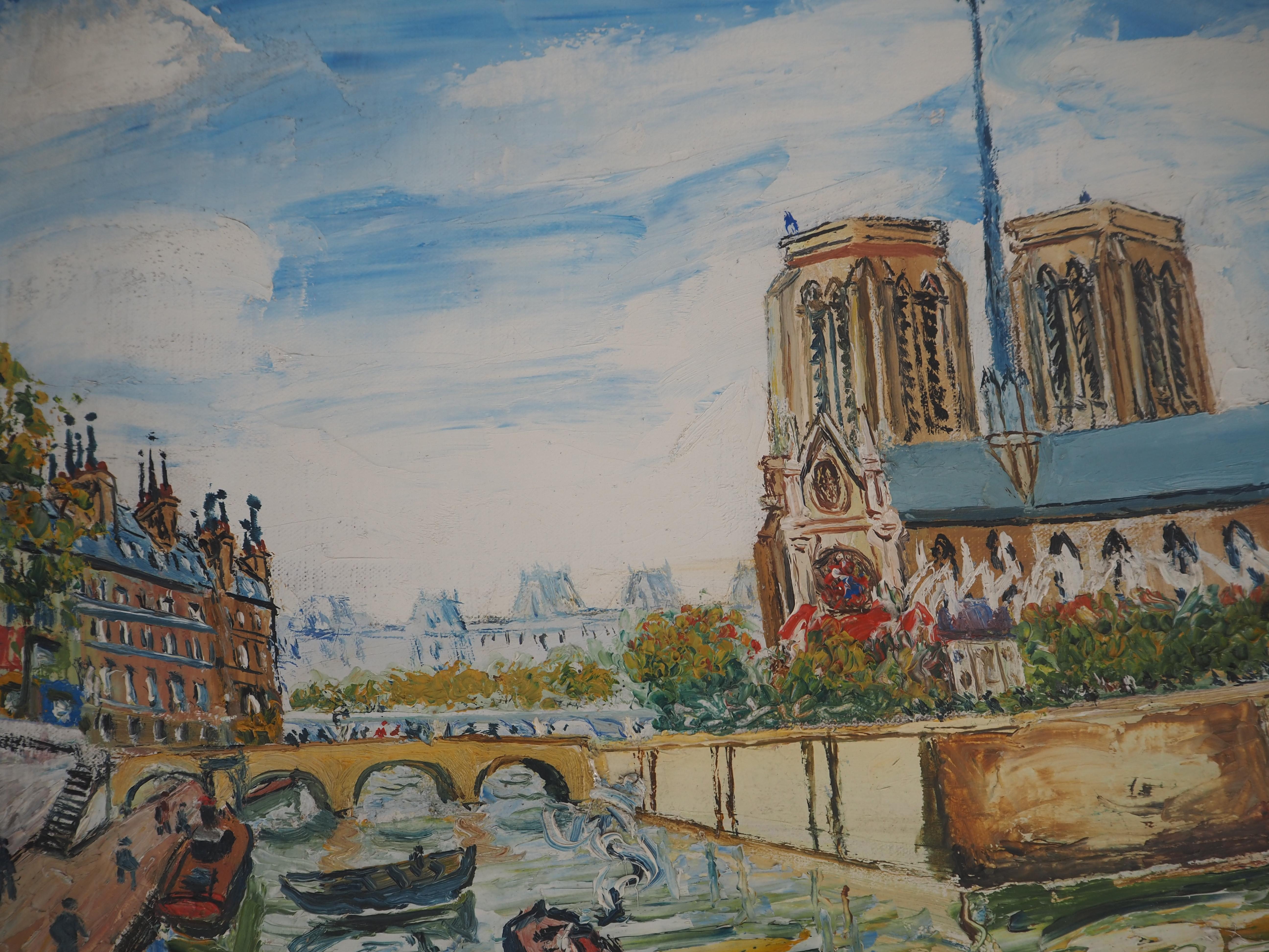 Summer in Paris : Notre Dame Church and Seine River - Huile sur toile - Signé - Marron Landscape Painting par Elisée Maclet