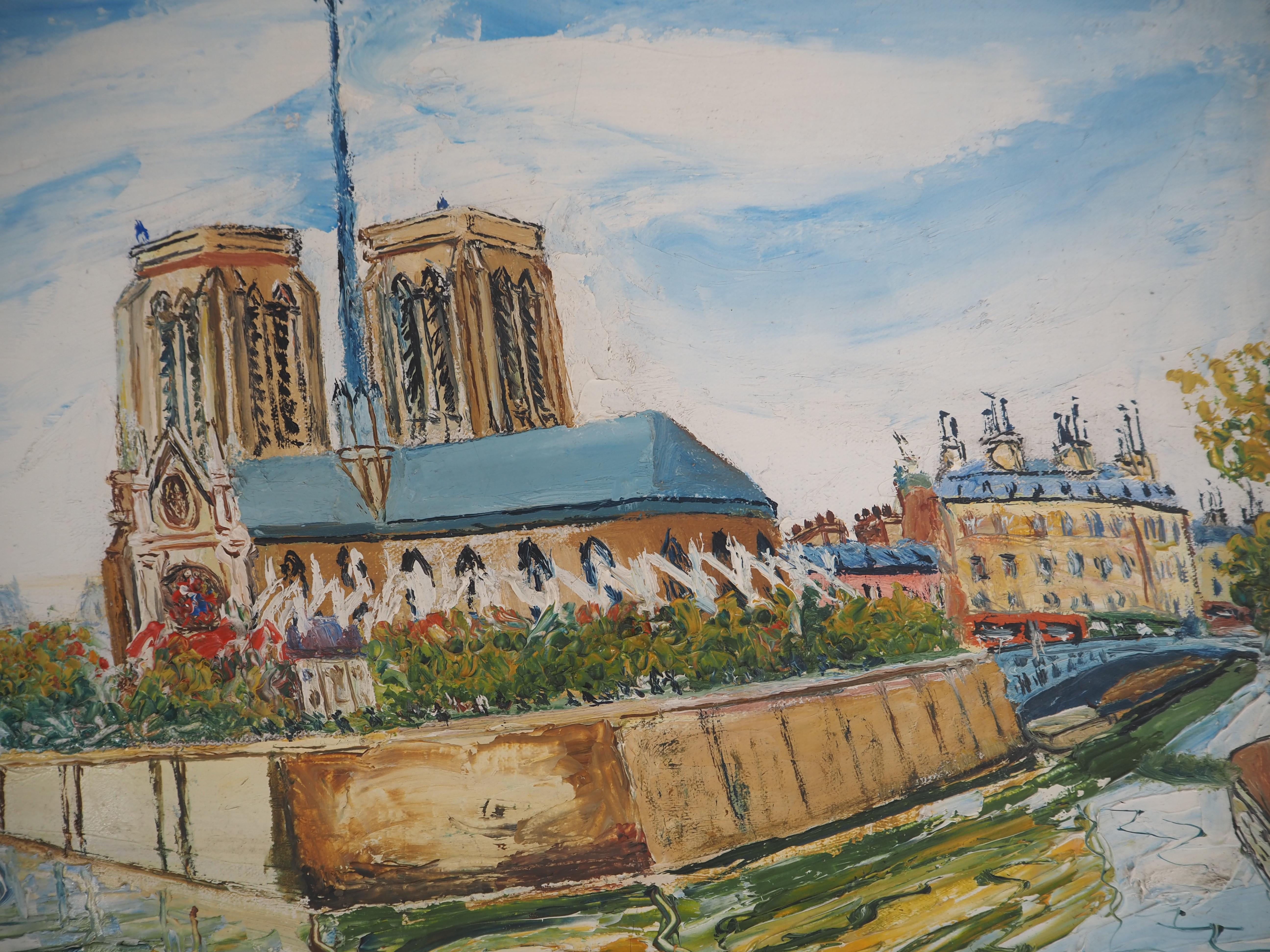 Elisée MACLET (1881-1962)
L'été à Paris : l'église Notre Dame et la Seine

Huile originale sur toile
Signé en bas à droite
Sur toile 46 x 66 cm (c. 18 x 22 in) 
Présenté dans un cadre doré 60 x 70 cm (c. 24 x 28 in)

Très bon état, légers défauts
