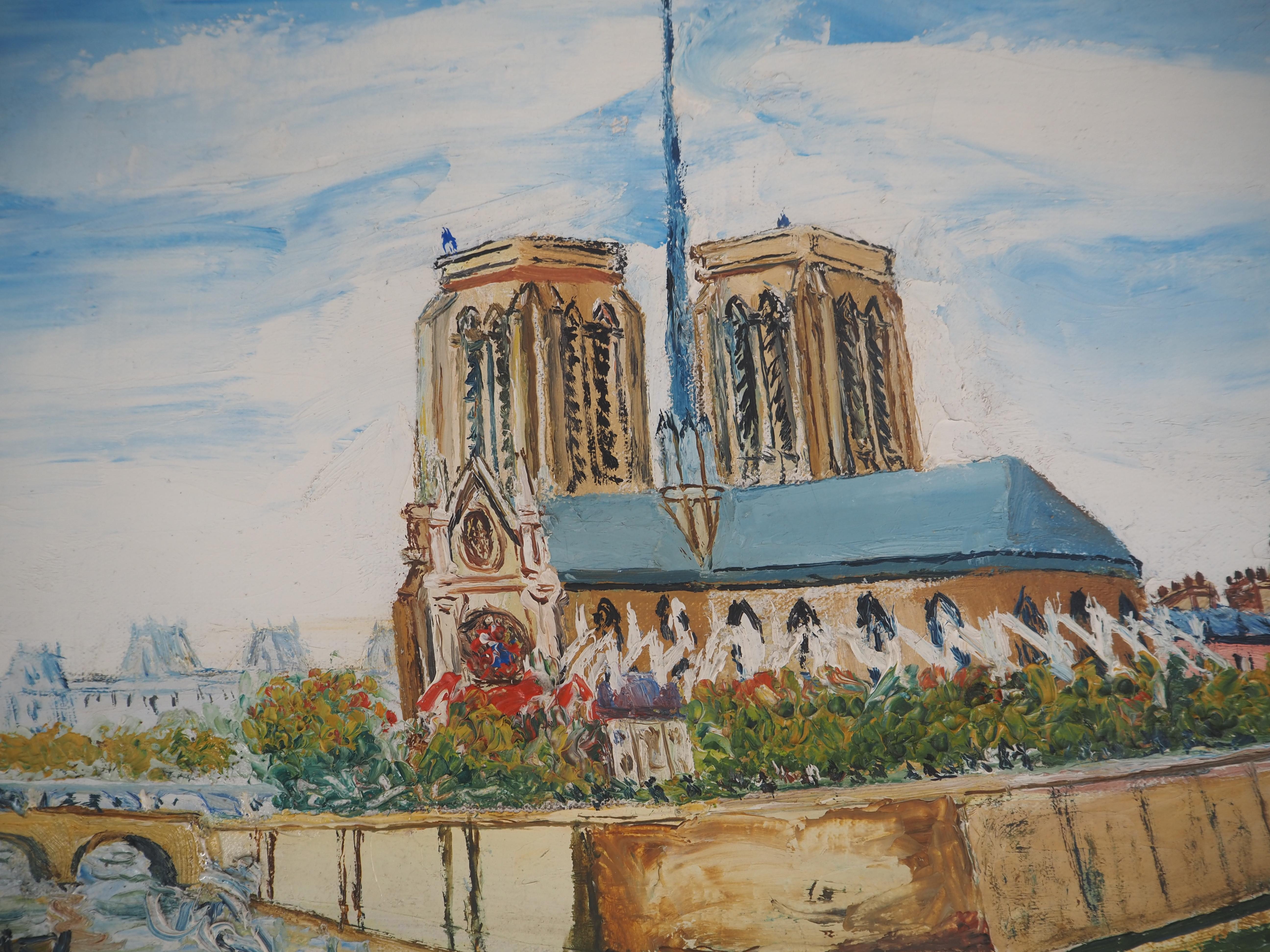 Summer in Paris : Notre Dame Church and Seine River - Huile sur toile - Signé en vente 1