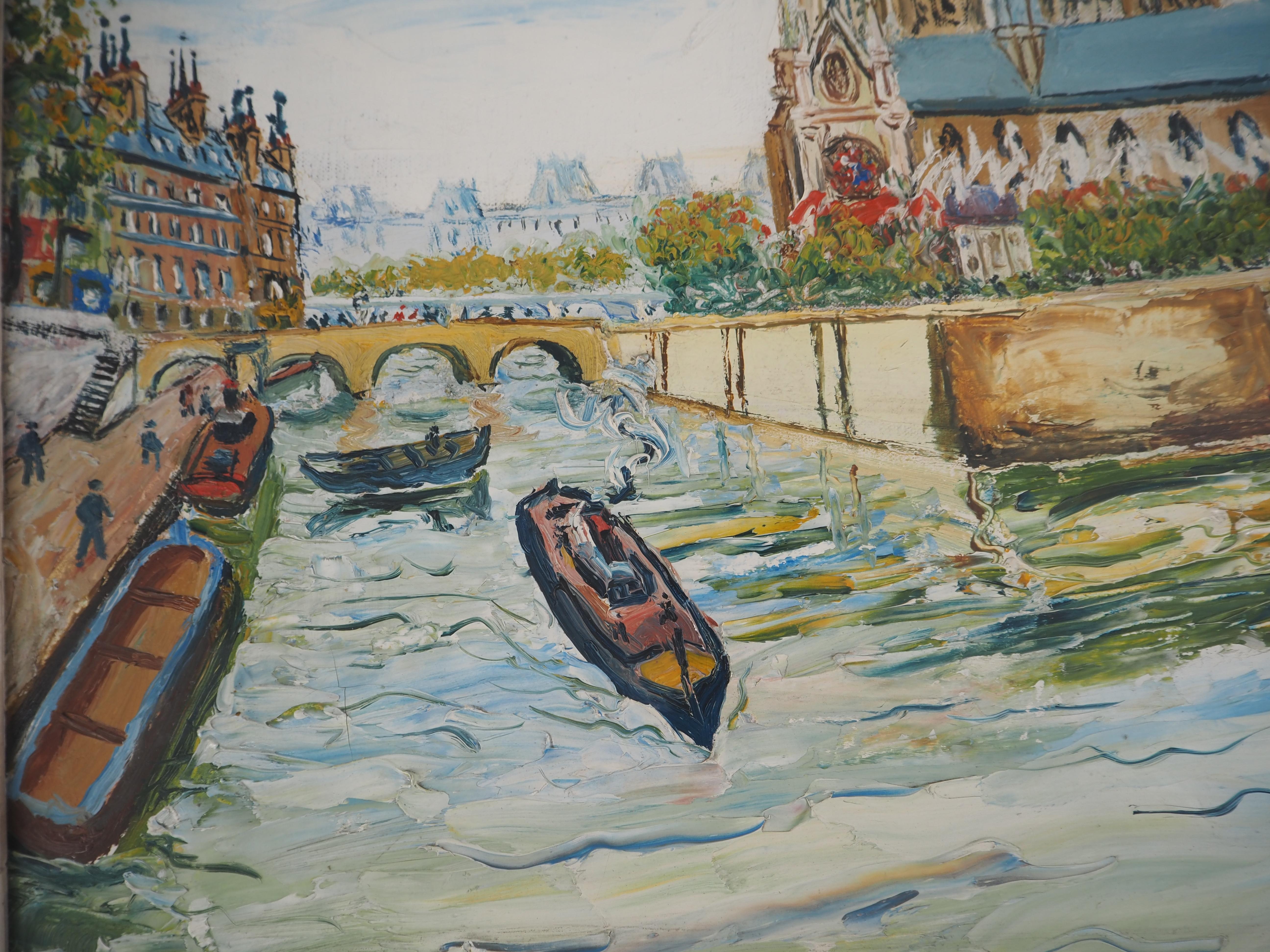 Summer in Paris : Notre Dame Church and Seine River - Oil on canvas - Signed For Sale 2