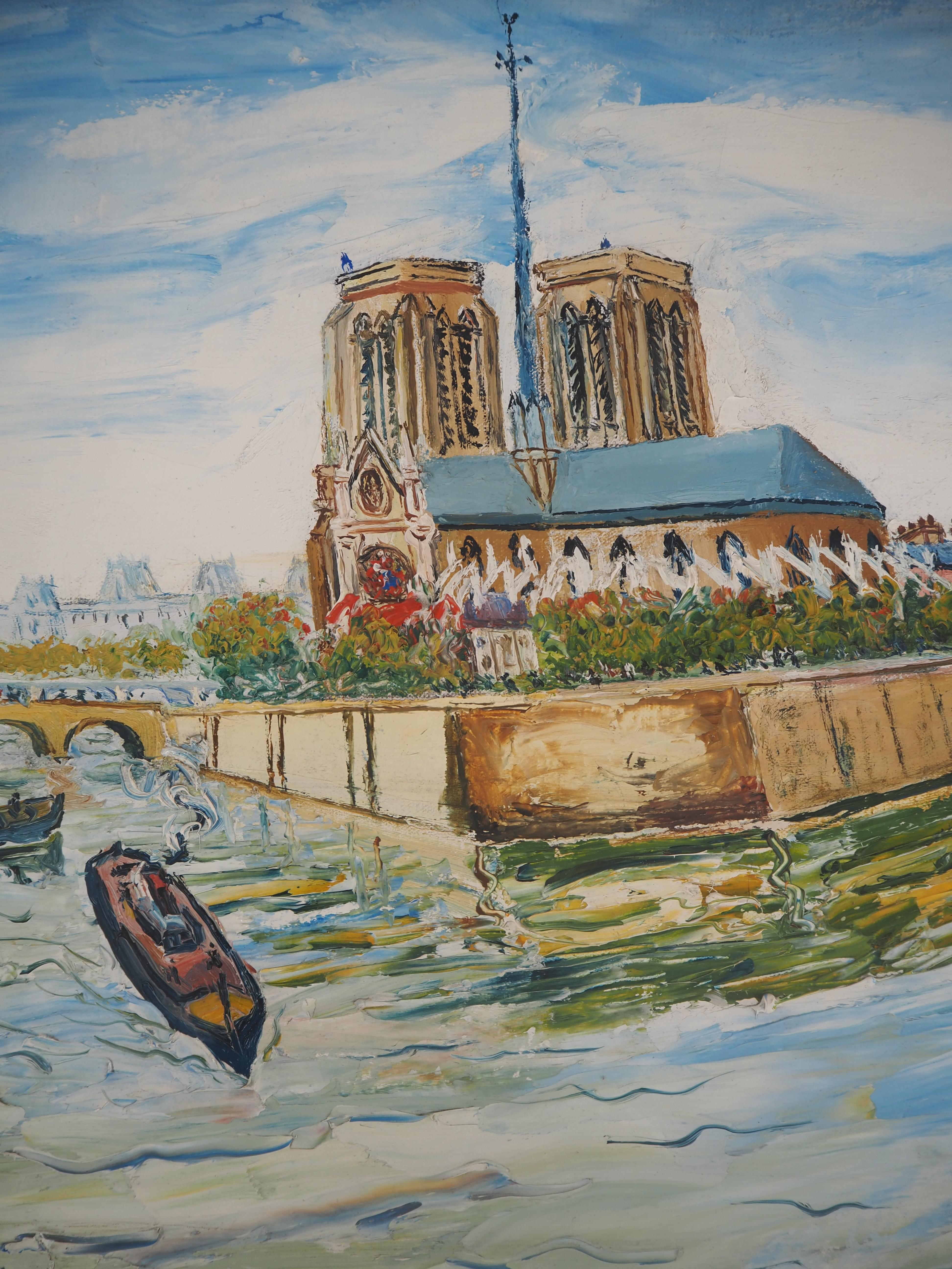 Summer in Paris : Notre Dame Church and Seine River - Oil on canvas - Signed For Sale 4