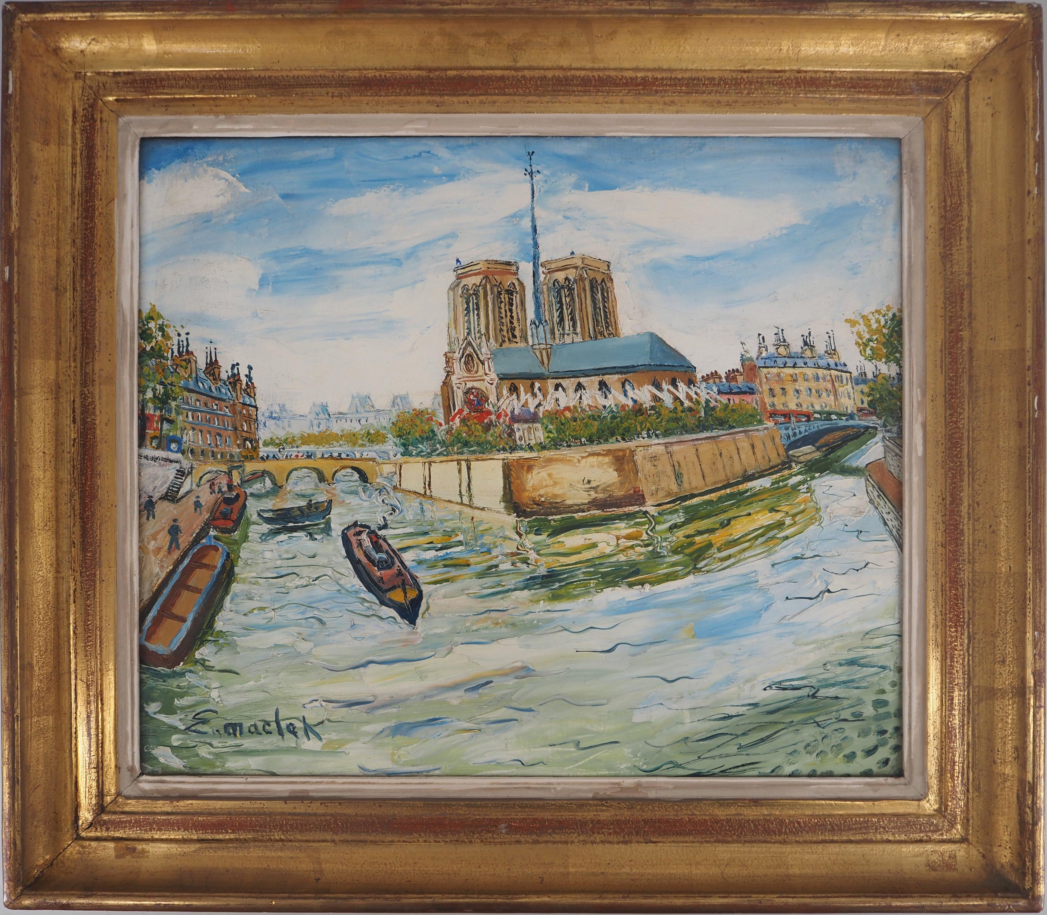 Landscape Painting Elisée Maclet - Summer in Paris : Notre Dame Church and Seine River - Huile sur toile - Signé
