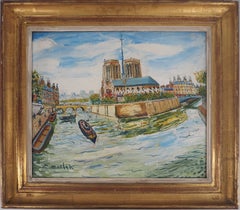 Vintage Summer in Paris : Notre Dame Church and Seine River - Oil on canvas - Signed