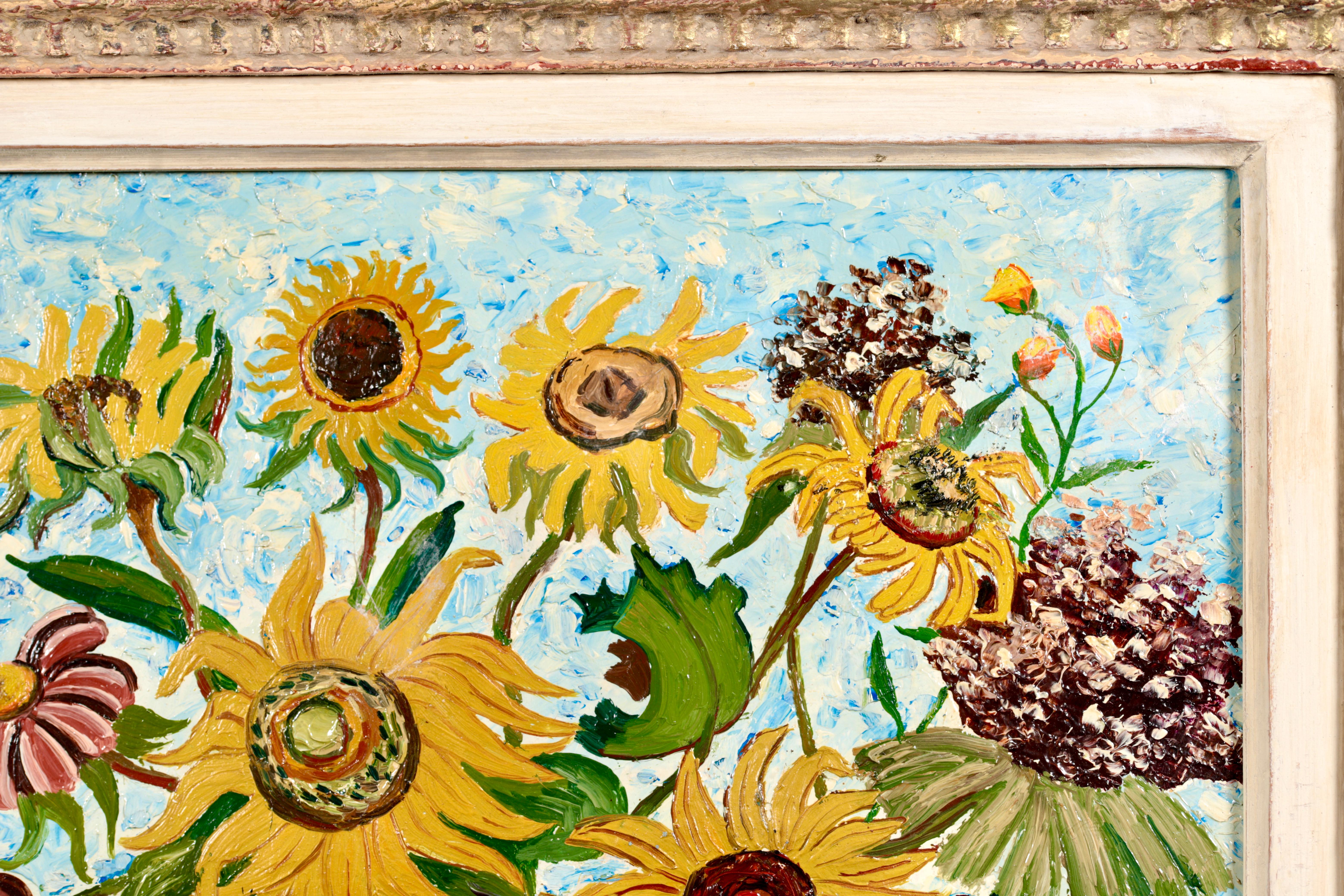 Nature morte signée, huile sur toile, circa 1920, du peintre impressionniste français Elisee Maclet. L'œuvre représente un vase décoratif rempli de tournesols jaunes et bruns sur un fond bleu. Une belle pièce.

Signature :
Signé en bas à