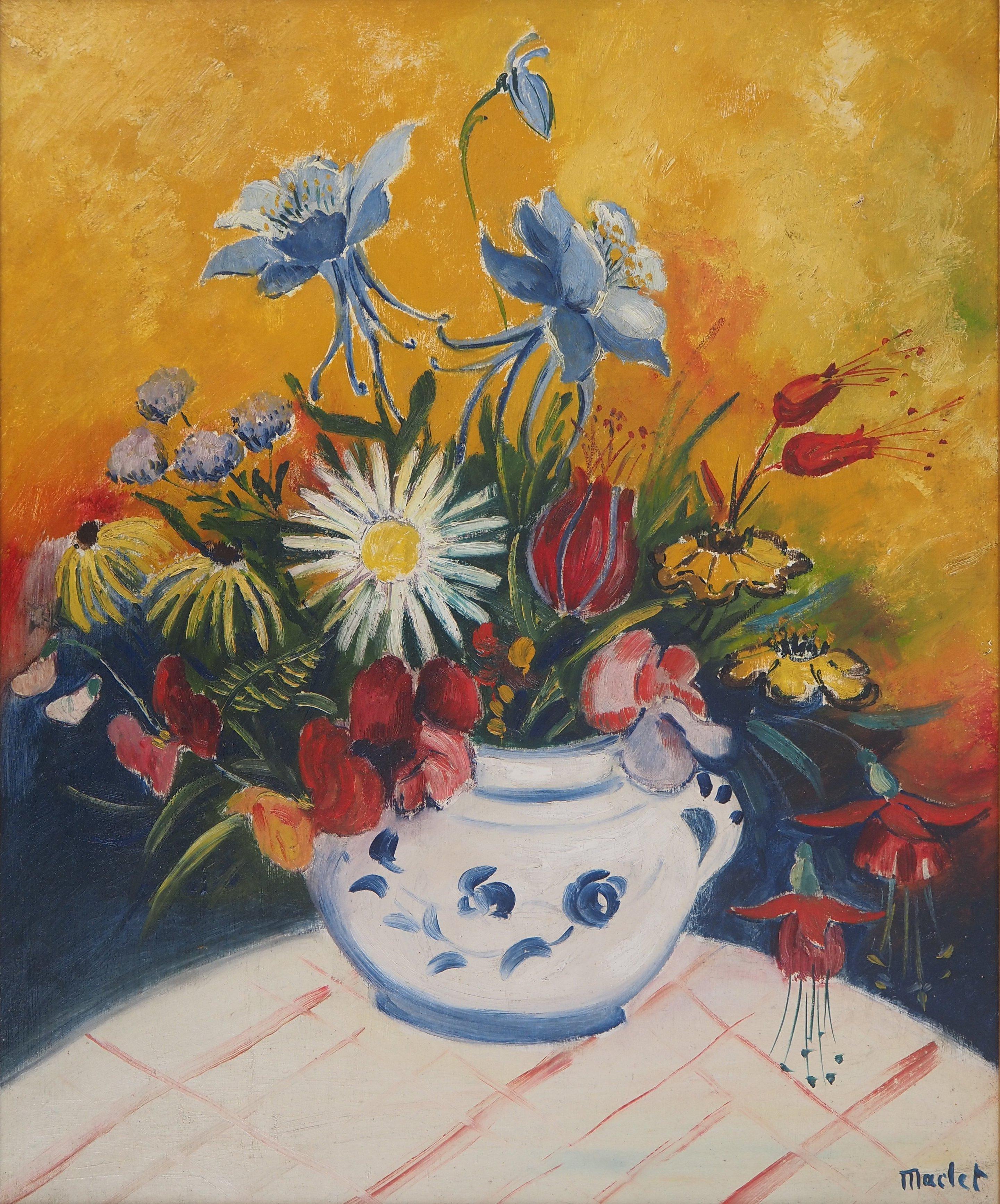 Hommage à Van Gogh : Fleurs sur fond jaune - Huile sur toile - Signé - Post-impressionnisme Painting par Elisée Maclet