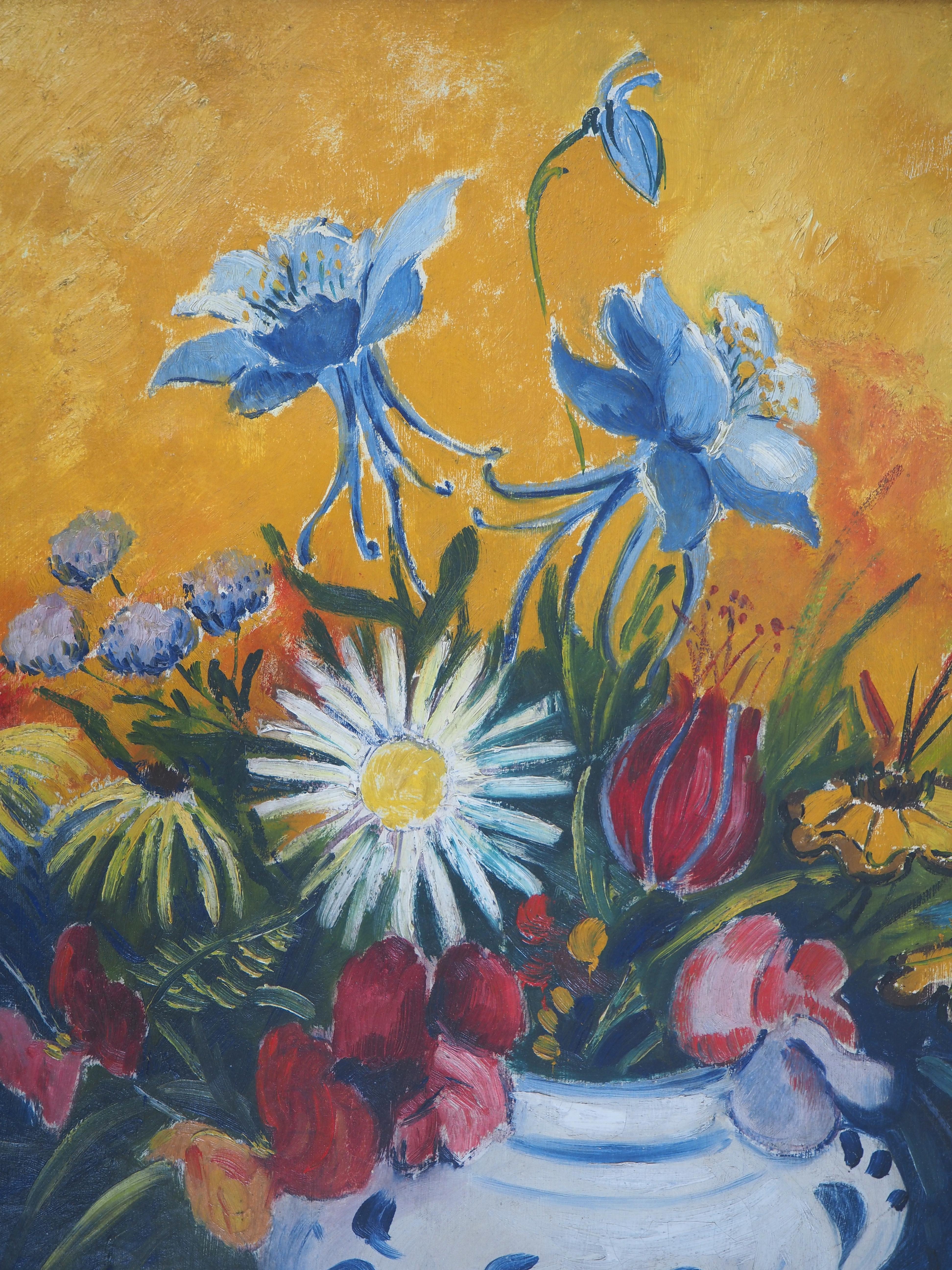 Elisée MACLET (1881-1962)
Hommage à Van Gogh : Fleurs sur fond jaune c. 1929

Huile originale sur toile
Signé en bas à droite
Sur toile 55 x 46 cm (c. 22 x 18 in) 
Présentée dans un cadre doré 64 x 55 cm (c. 26 x 22 in)

Très bon état, légers
