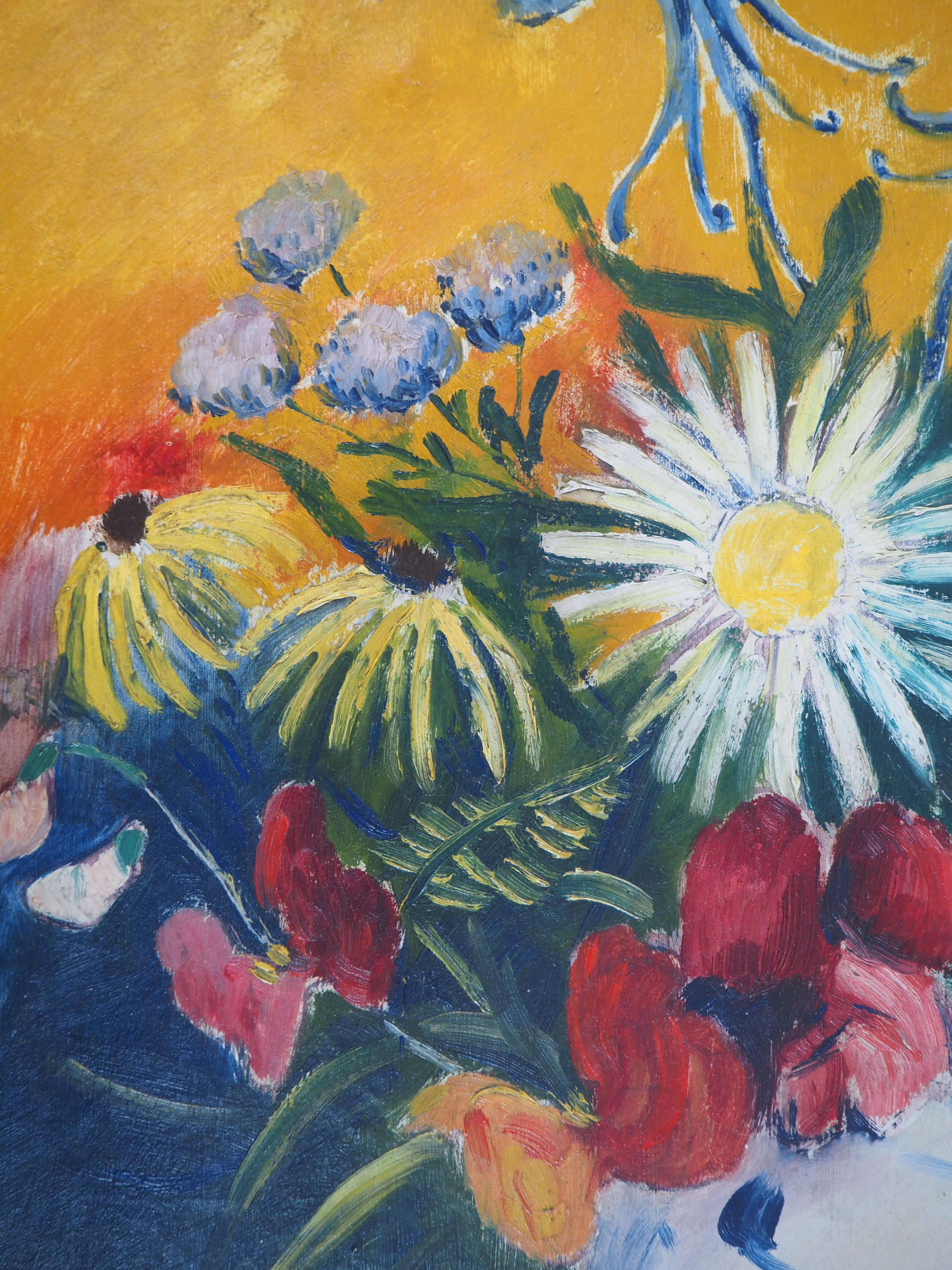 Hommage à Van Gogh : Fleurs sur fond jaune - Huile sur toile - Signé en vente 1