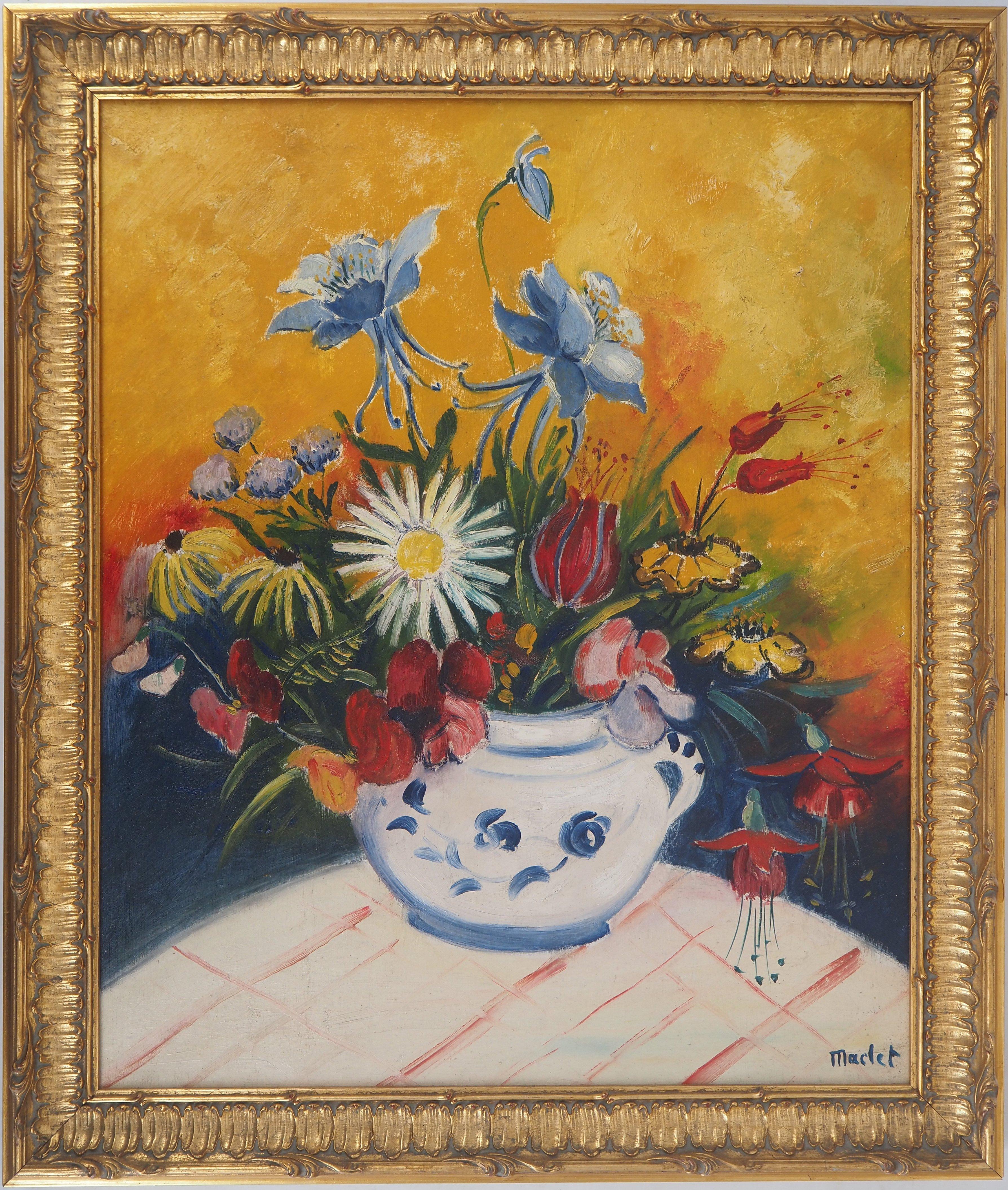 Still-Life Painting de Elisée Maclet - Homenaje a Van Gogh : Flores sobre fondo amarillo - Óleo sobre lienzo - Firmado