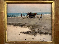 Oil on Canvas Painting of Mediterranean Beach Scene, Signed, 34x40 cm