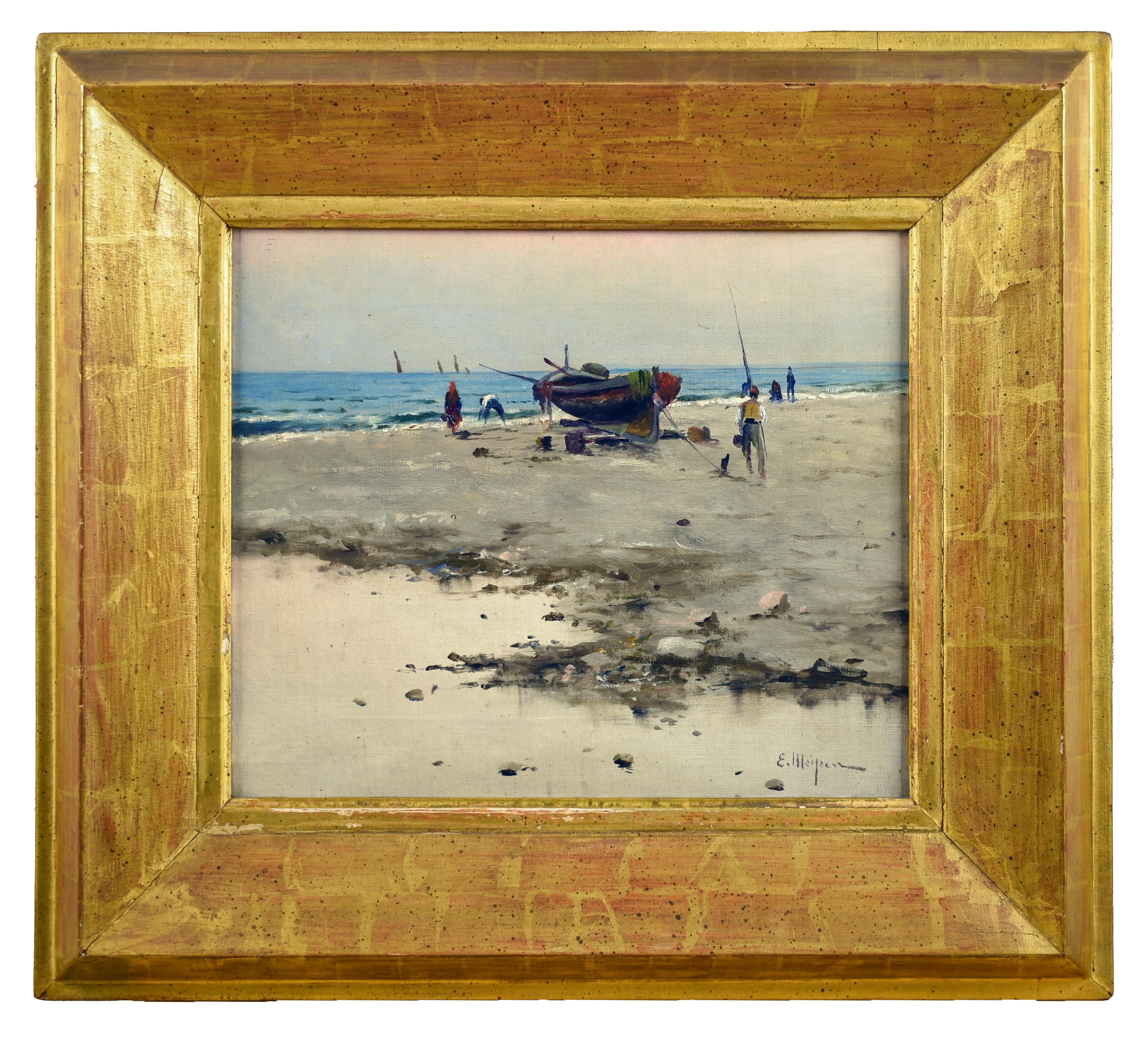 Öl auf Leinwand Gemälde von Mittelmeer-Strand-Szene, signiert, 34x40 cm