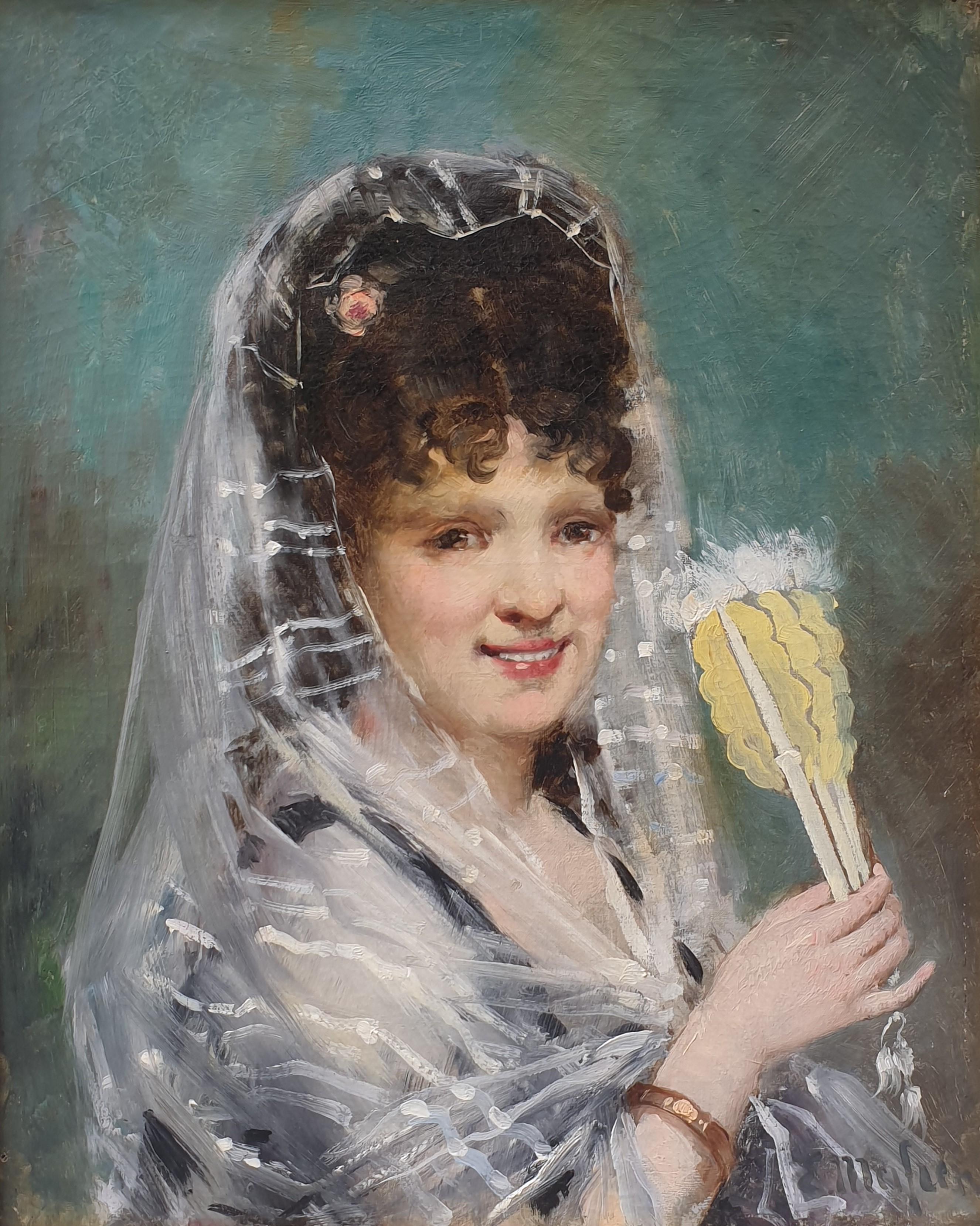 Eliseo Meifrén Roig Portrait Painting - MEIFREN Painting portrait Spanish woman with a fan 19th century