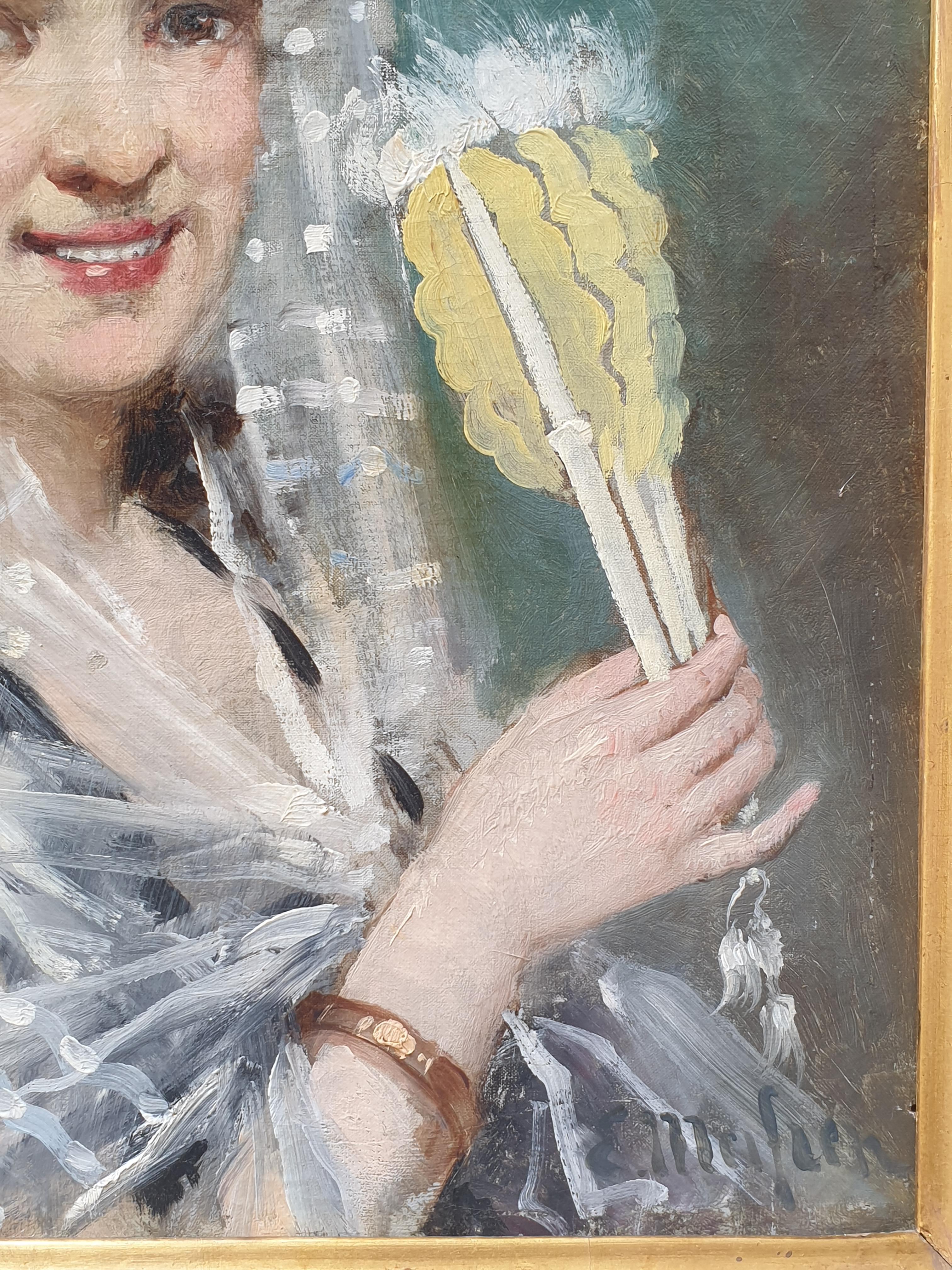 MEIFREN, Gemälde, Porträt einer spanischen Frau mit Fächern, 19. Jahrhundert (Braun), Portrait Painting, von Eliseo Meifrén Roig