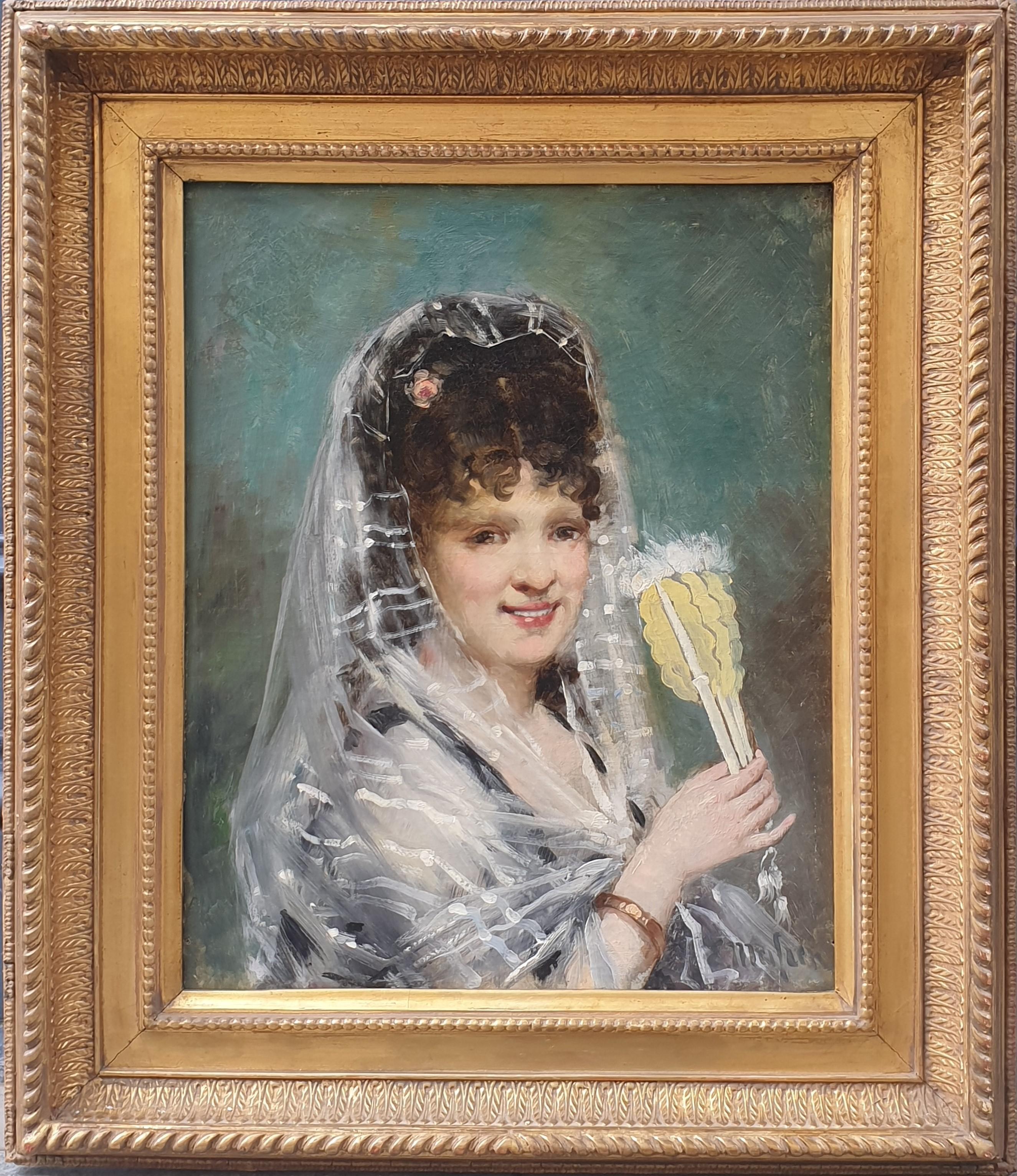 MEIFREN Painting portrait Spanish woman with a fan 19th century - Brown Portrait Painting by Eliseo Meifrén Roig