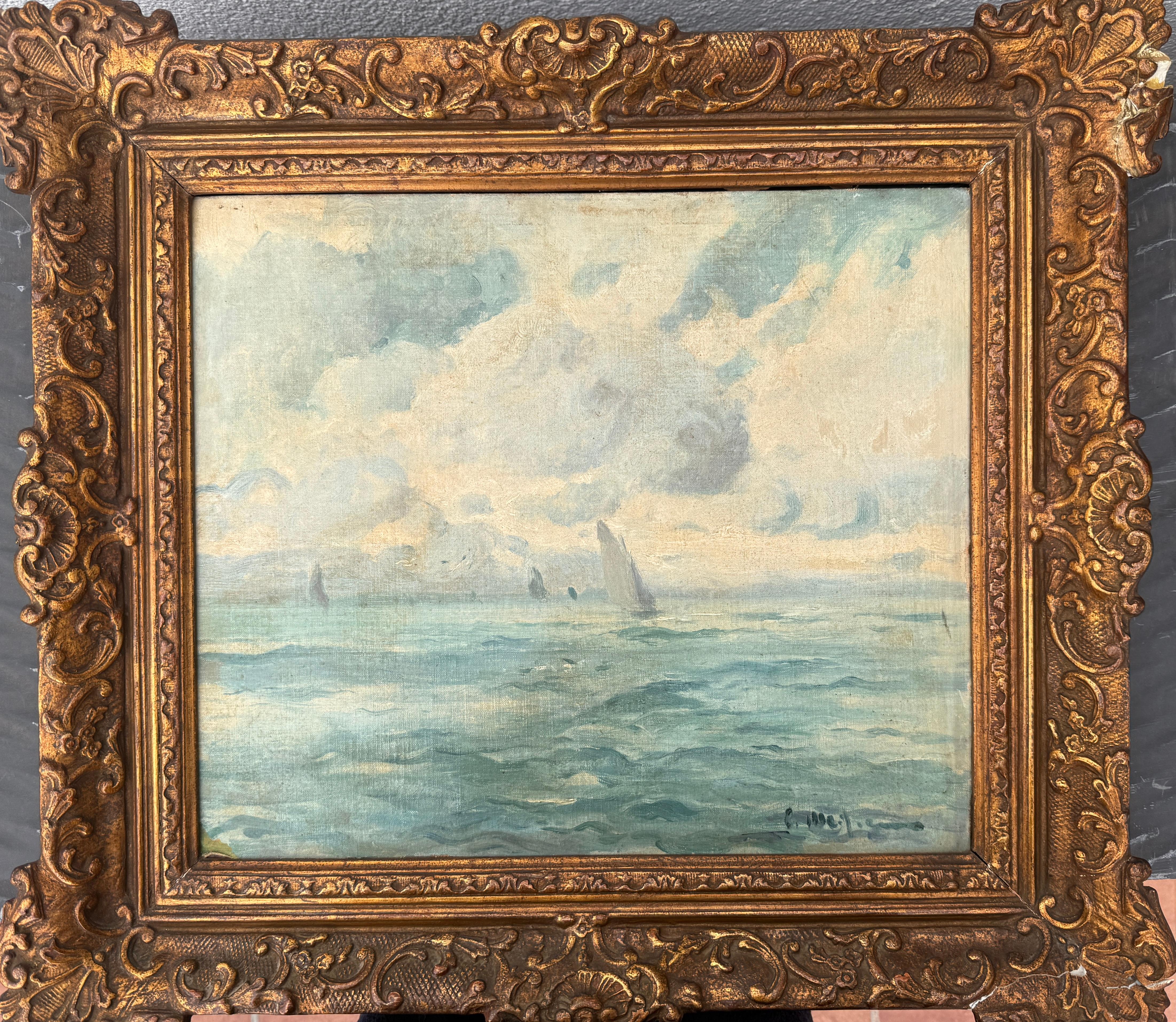 Paysage marin avec voiliers peinture à l'huile méditerranéenne Espagne - Painting de Eliseo Meifrén Roig