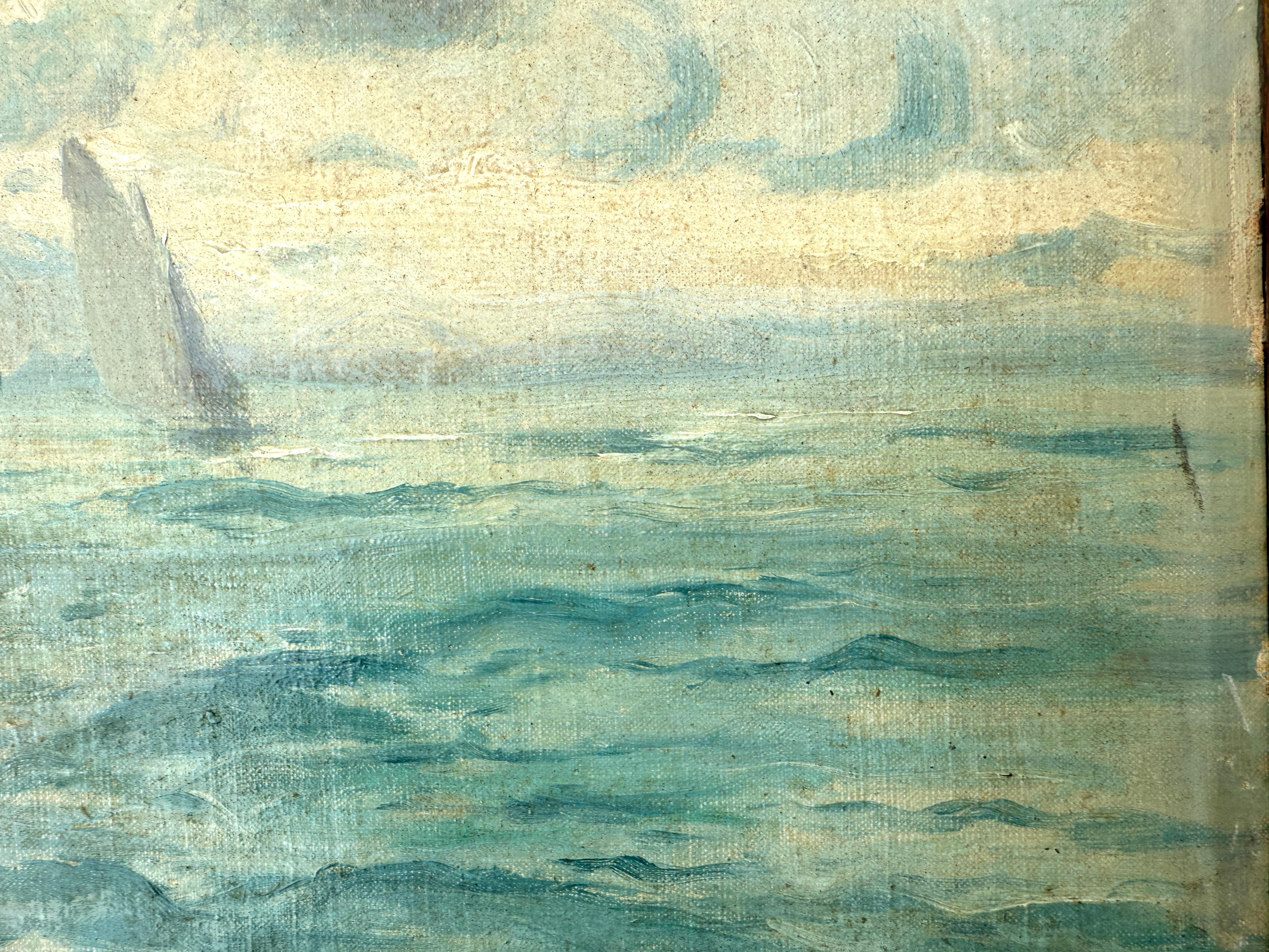 Paysage marin avec voiliers peinture à l'huile méditerranéenne Espagne - Gris Landscape Painting par Eliseo Meifrén Roig