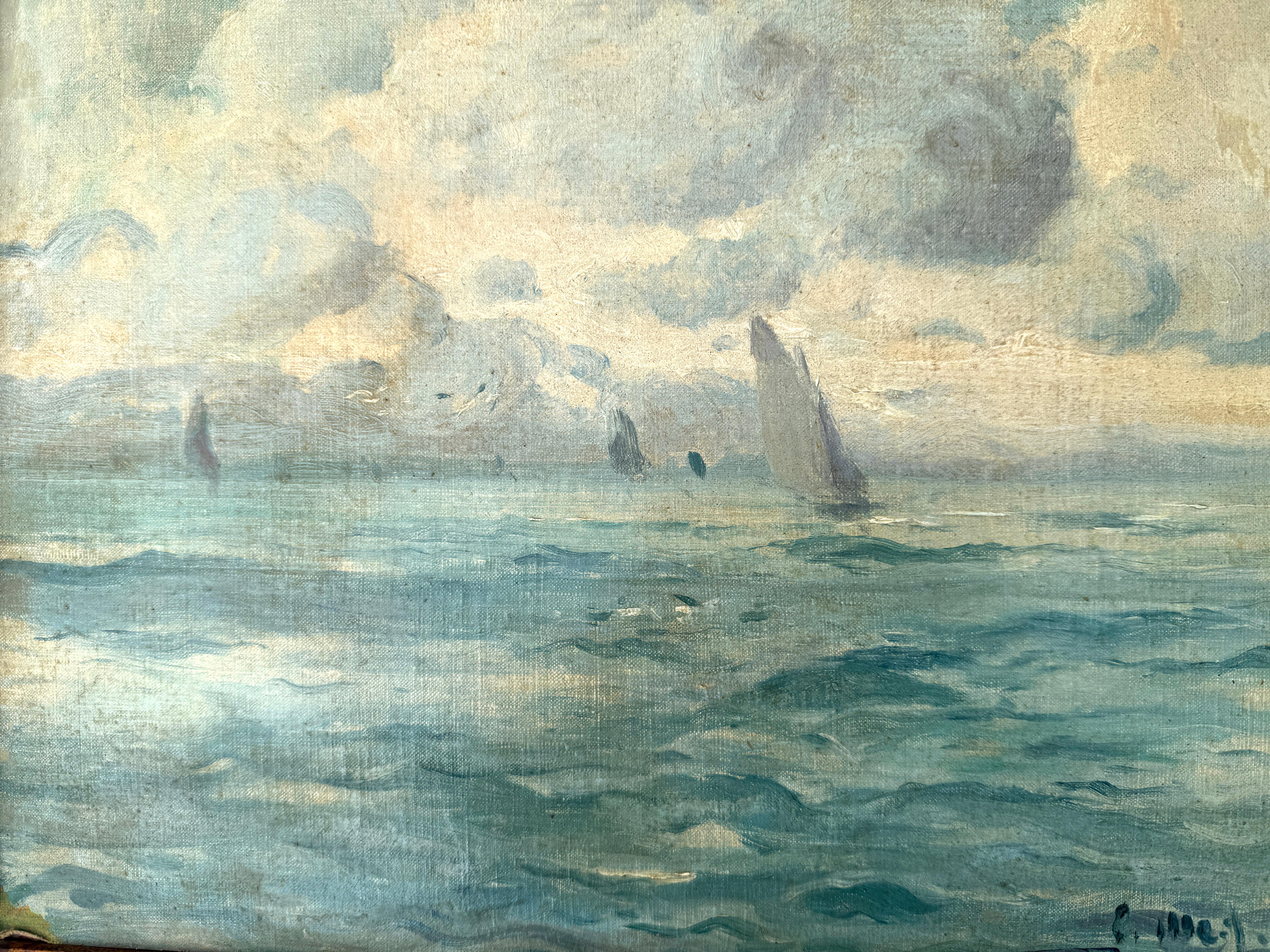 Paysage marin avec voiliers peinture à l'huile méditerranéenne Espagne en vente 2