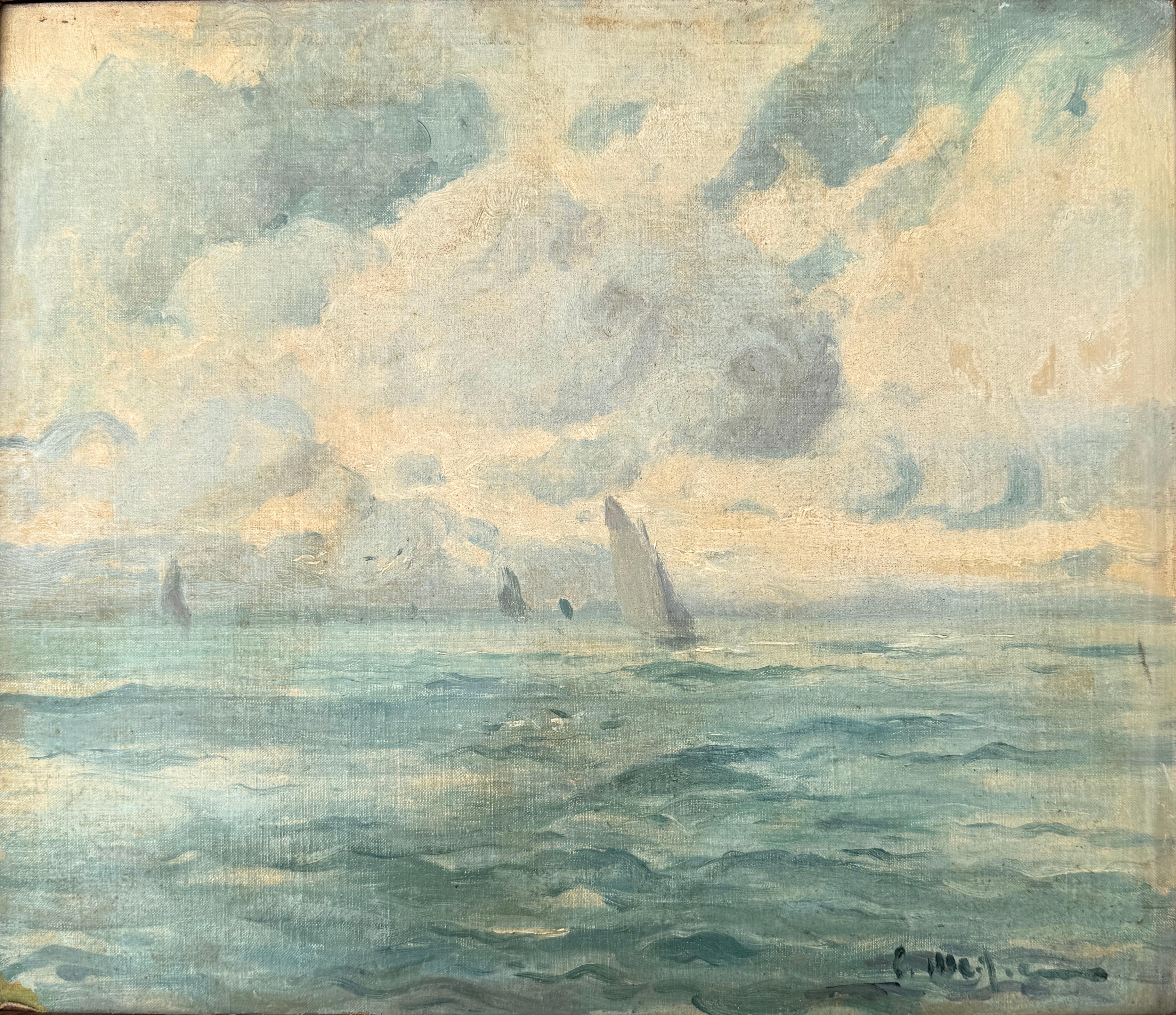 Landscape Painting Eliseo Meifrén Roig - Paysage marin avec voiliers peinture à l
huile méditerranéenne Espagne