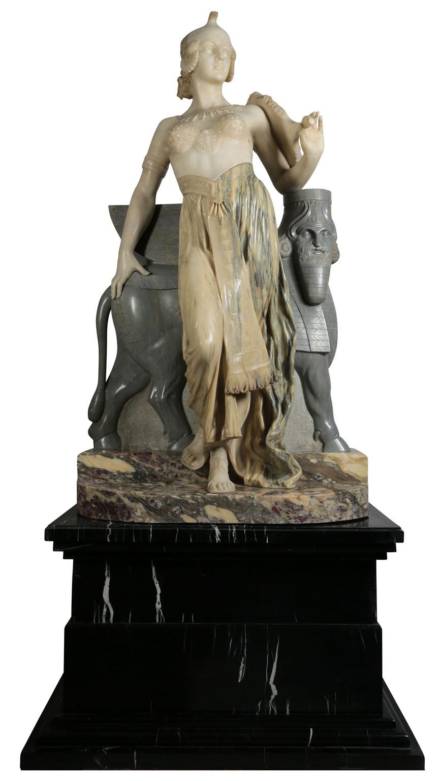 Scultura orientalista in marmo del XIX secolo a grandezza naturale di principessa assira