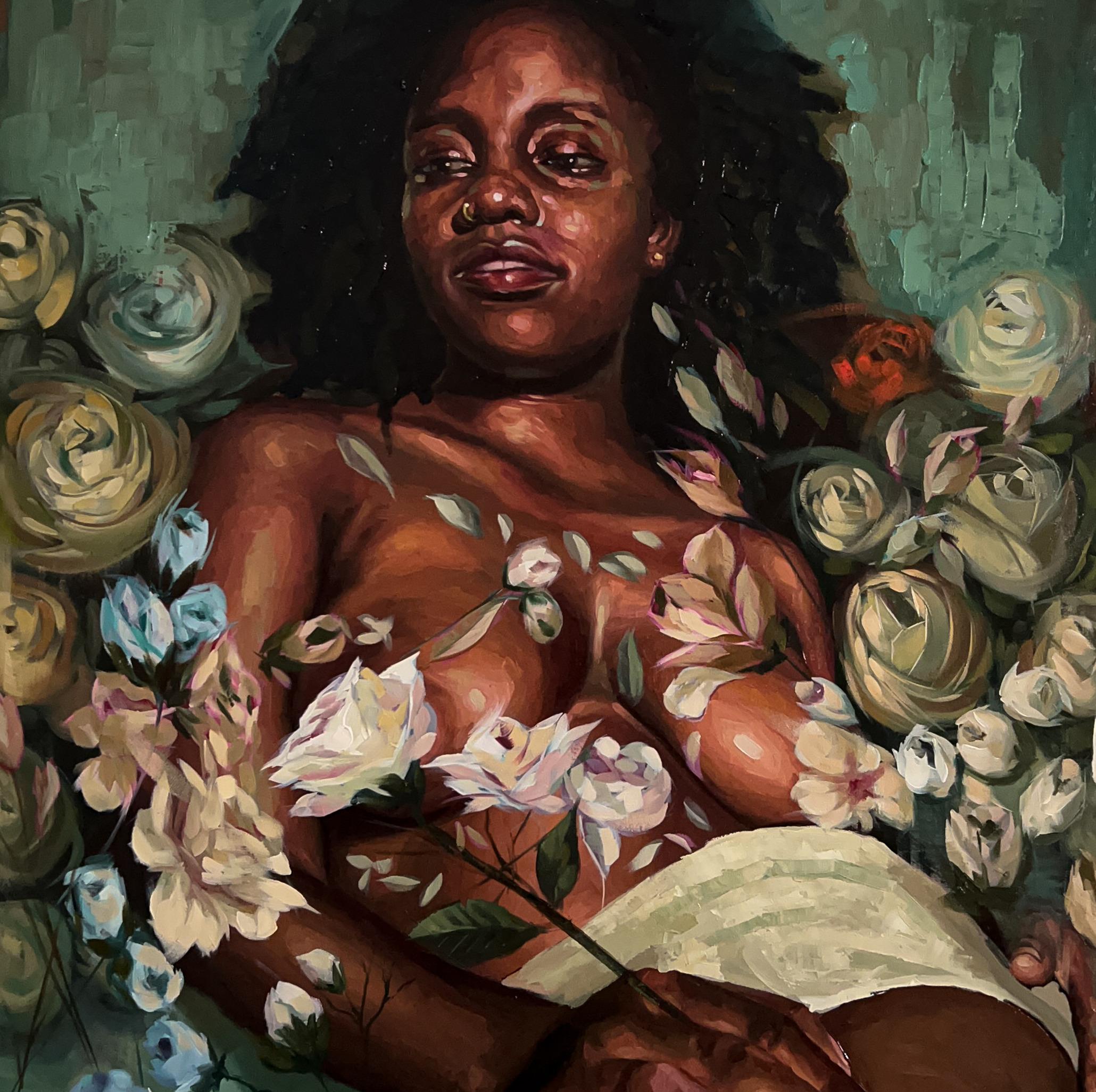 Spirale des paysages de rêve  -21e siècle, Contemporain, Figuratif, Surréalisme Femmes - Noir Portrait Painting par Elisha Nyong