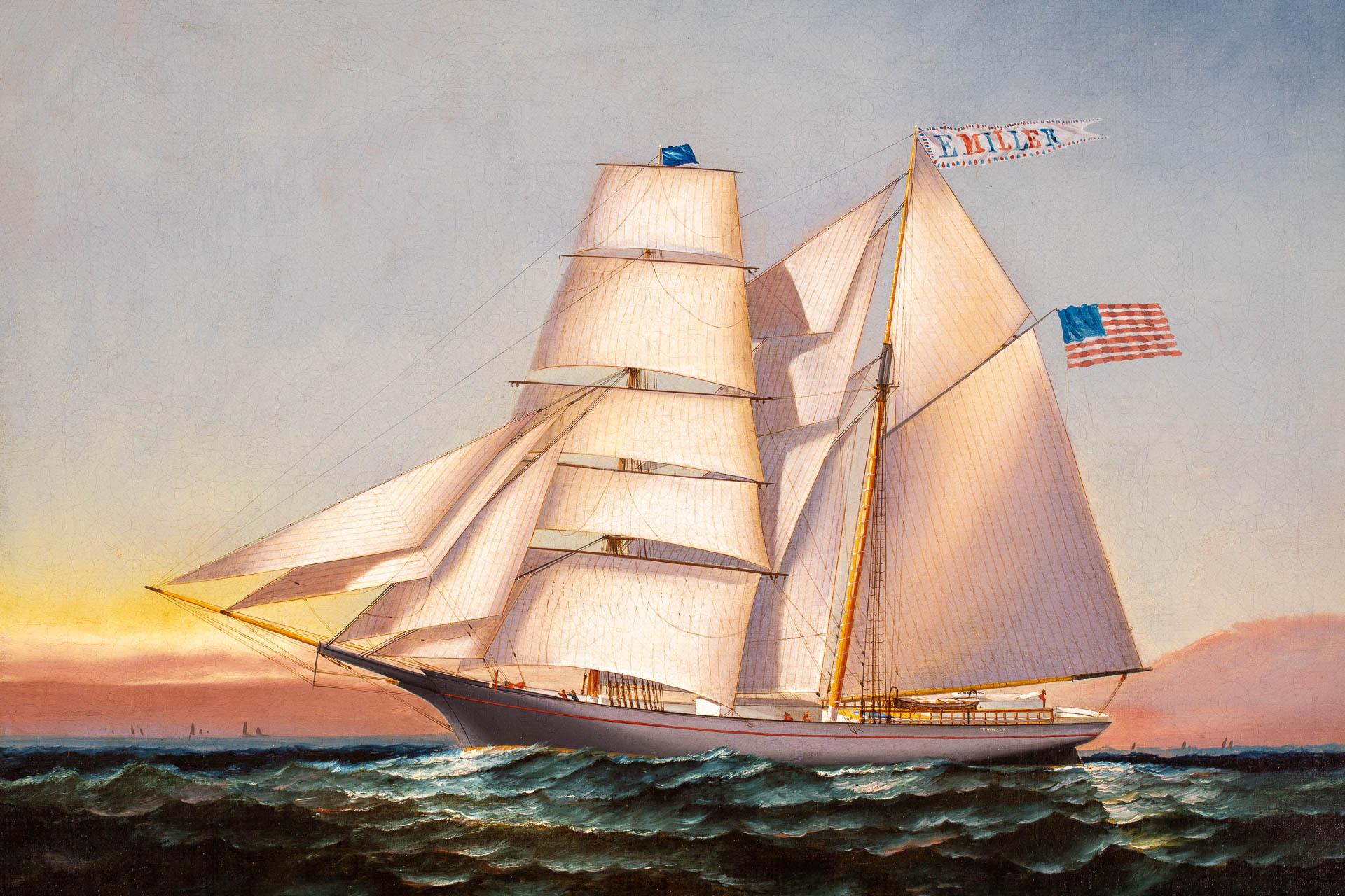This luminous work depicts the American merchant brigantine E. MILLER. The sun sits low behind the ship, illuminating the sky with colors of yellow and deep rose tones. The sun has just touched the sea at the ship's bow and around her stern,
